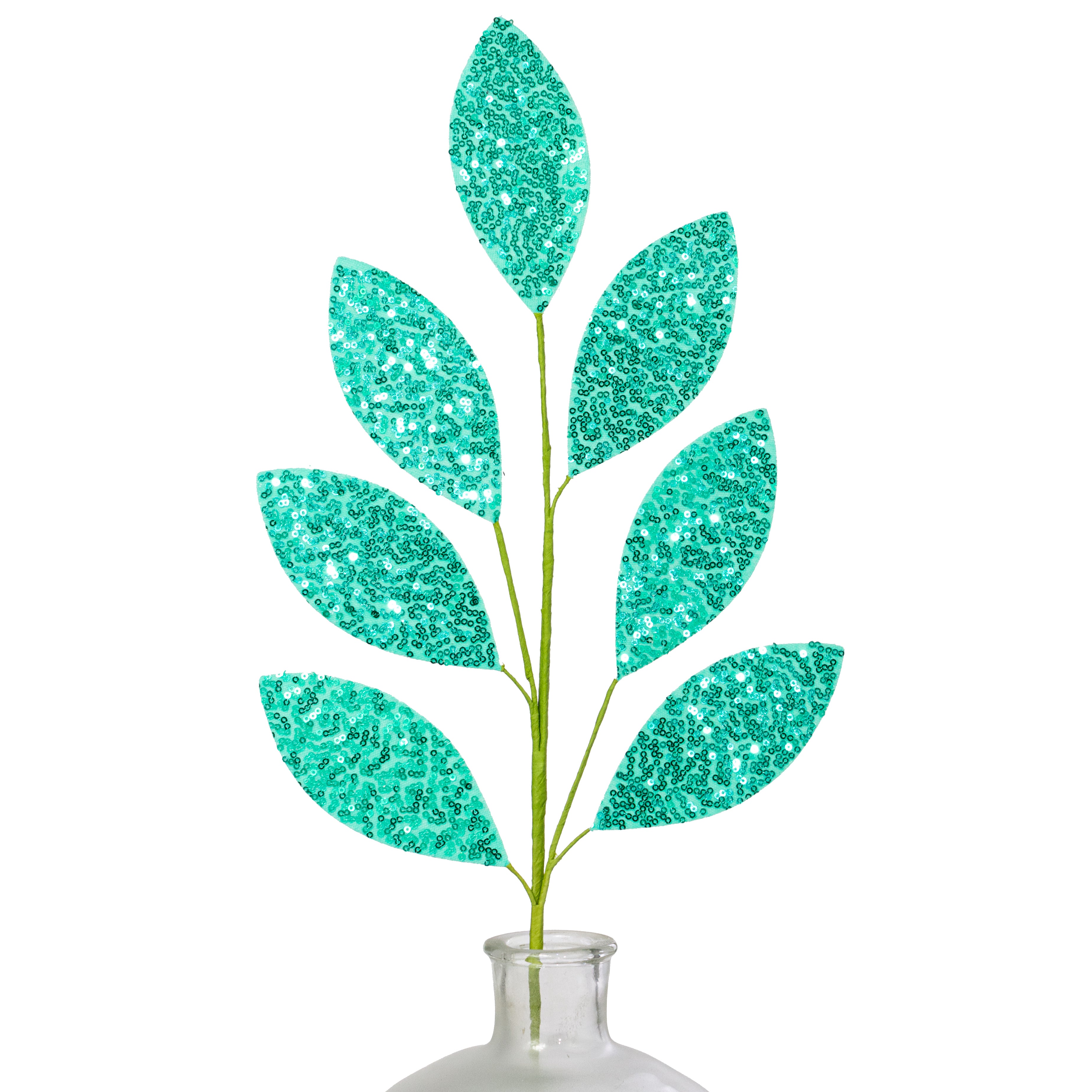 27" Sequin Leaf Spray: Turquoise Blue