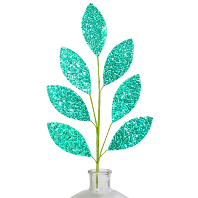27" Sequin Leaf Spray: Turquoise Blue
