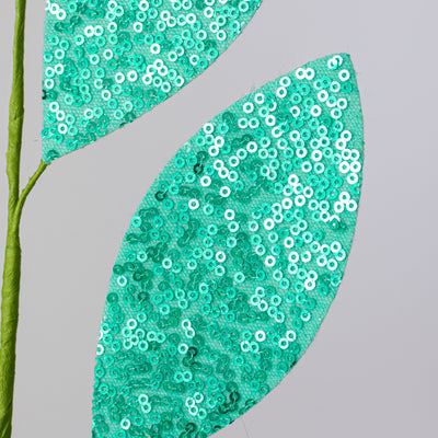 27" Sequin Leaf Spray: Turquoise Blue