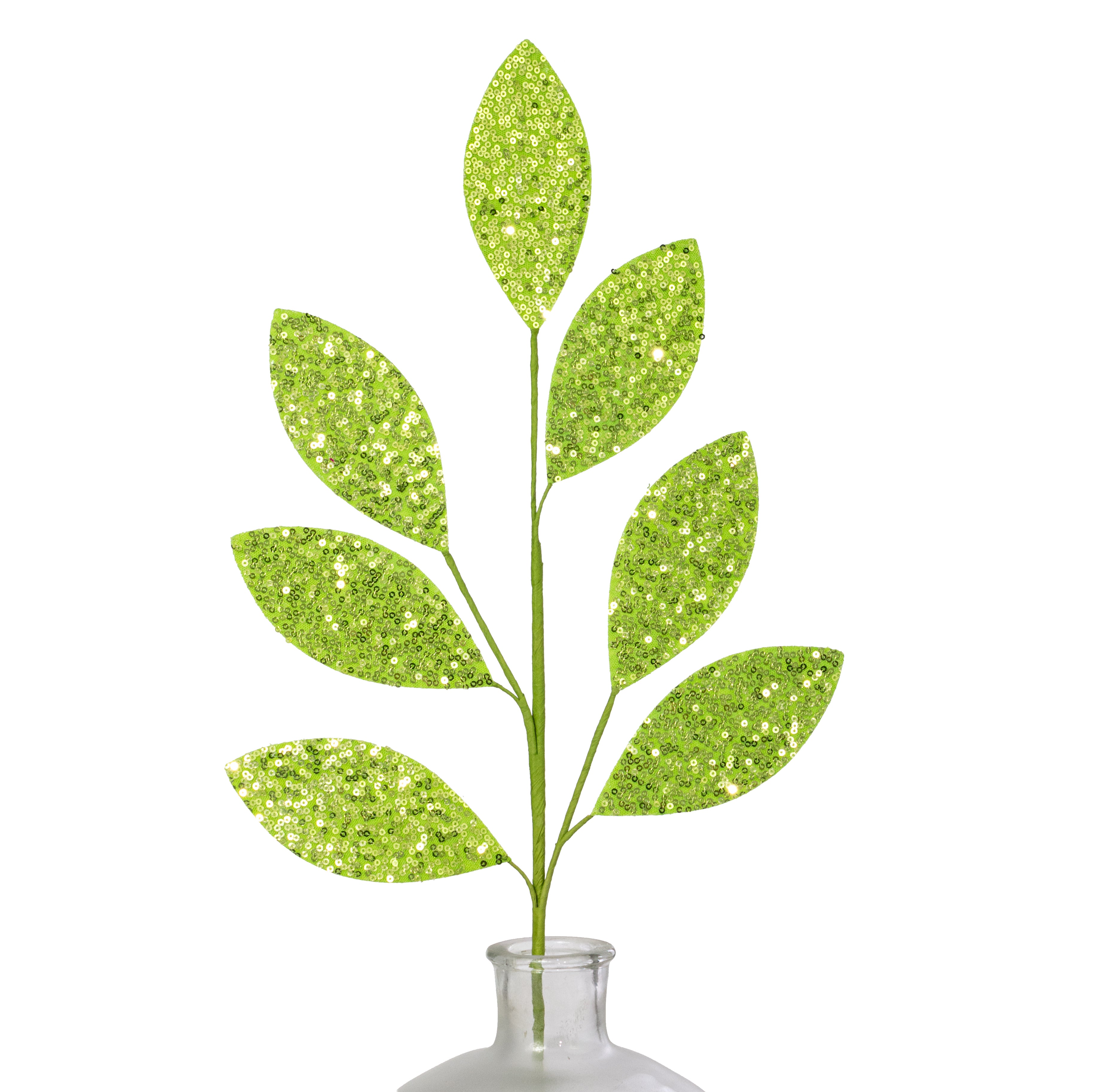 27" Sequin Leaf Spray: Green