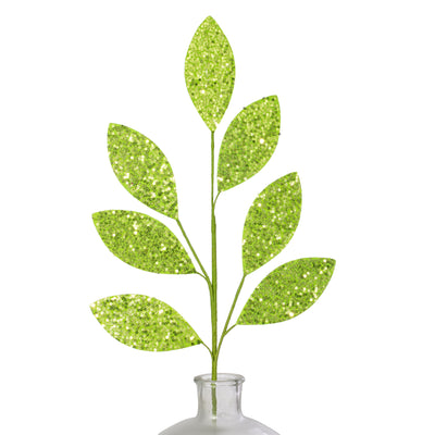 27" Sequin Leaf Spray: Green