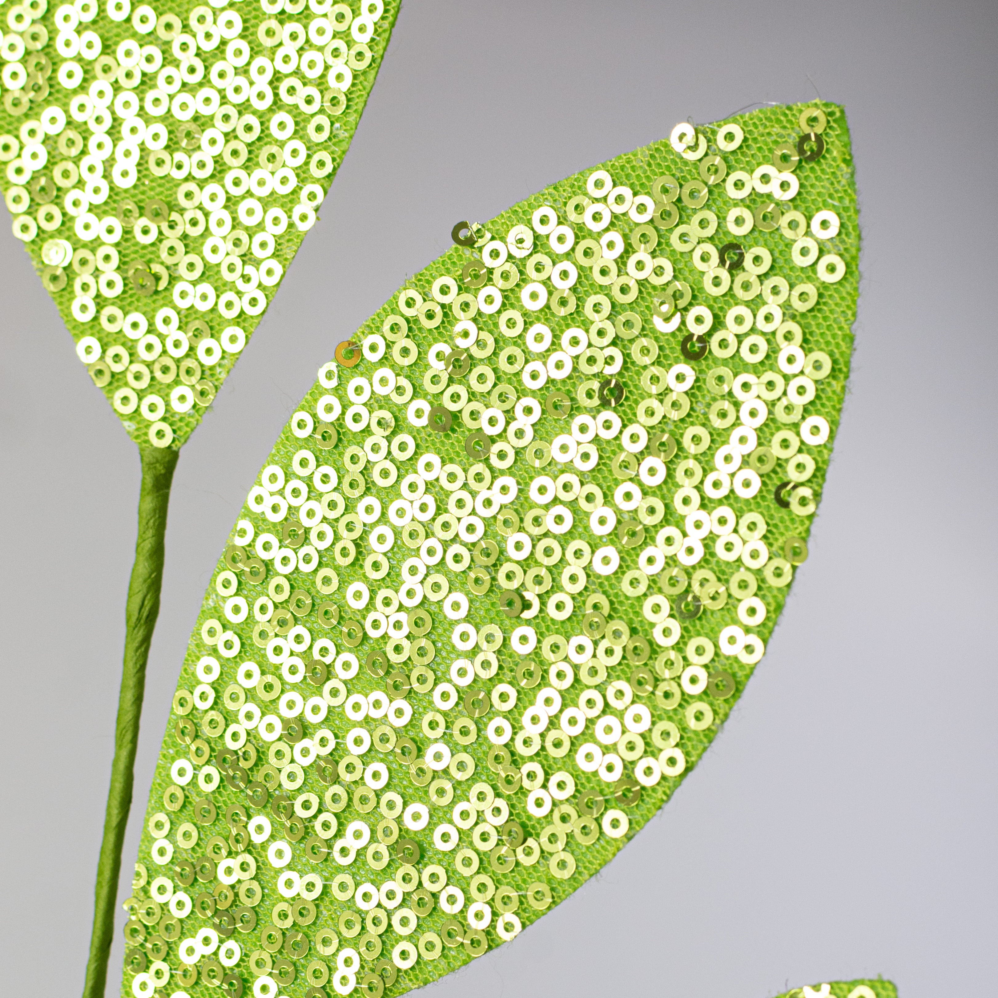 27" Sequin Leaf Spray: Green