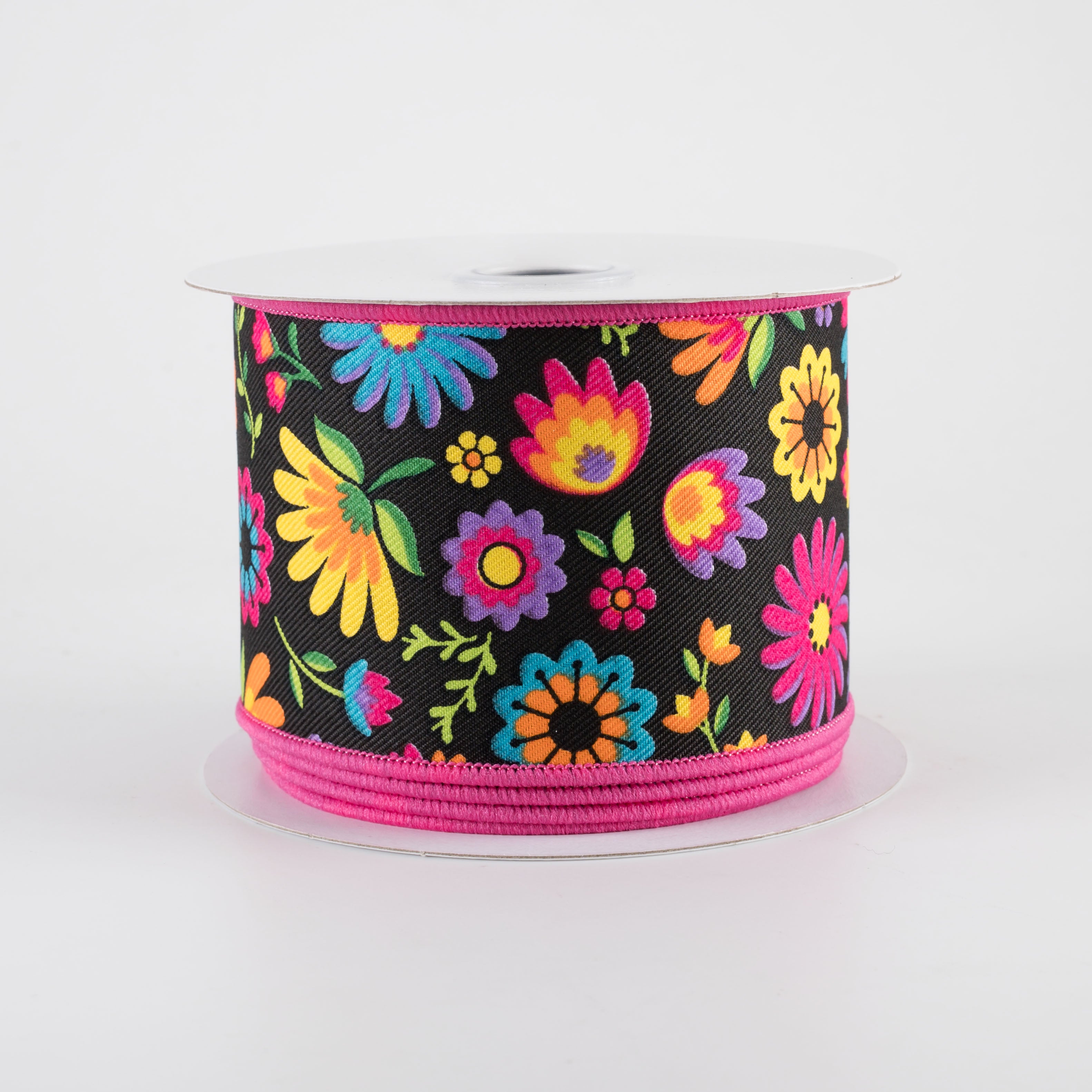 2.5" Bright Fiesta Florals Ribbon: Black (10 Yards)