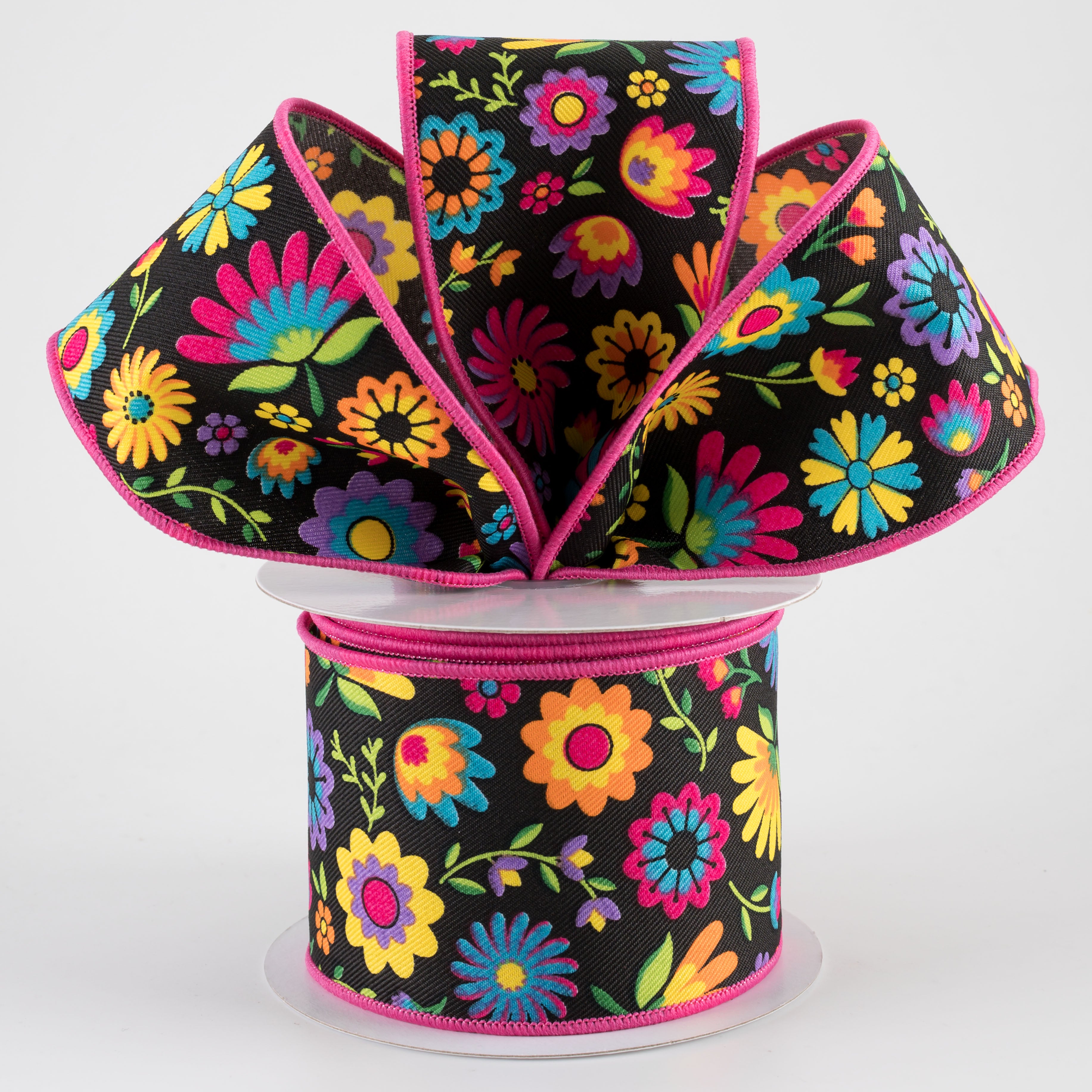 2.5" Bright Fiesta Florals Ribbon: Black (10 Yards)