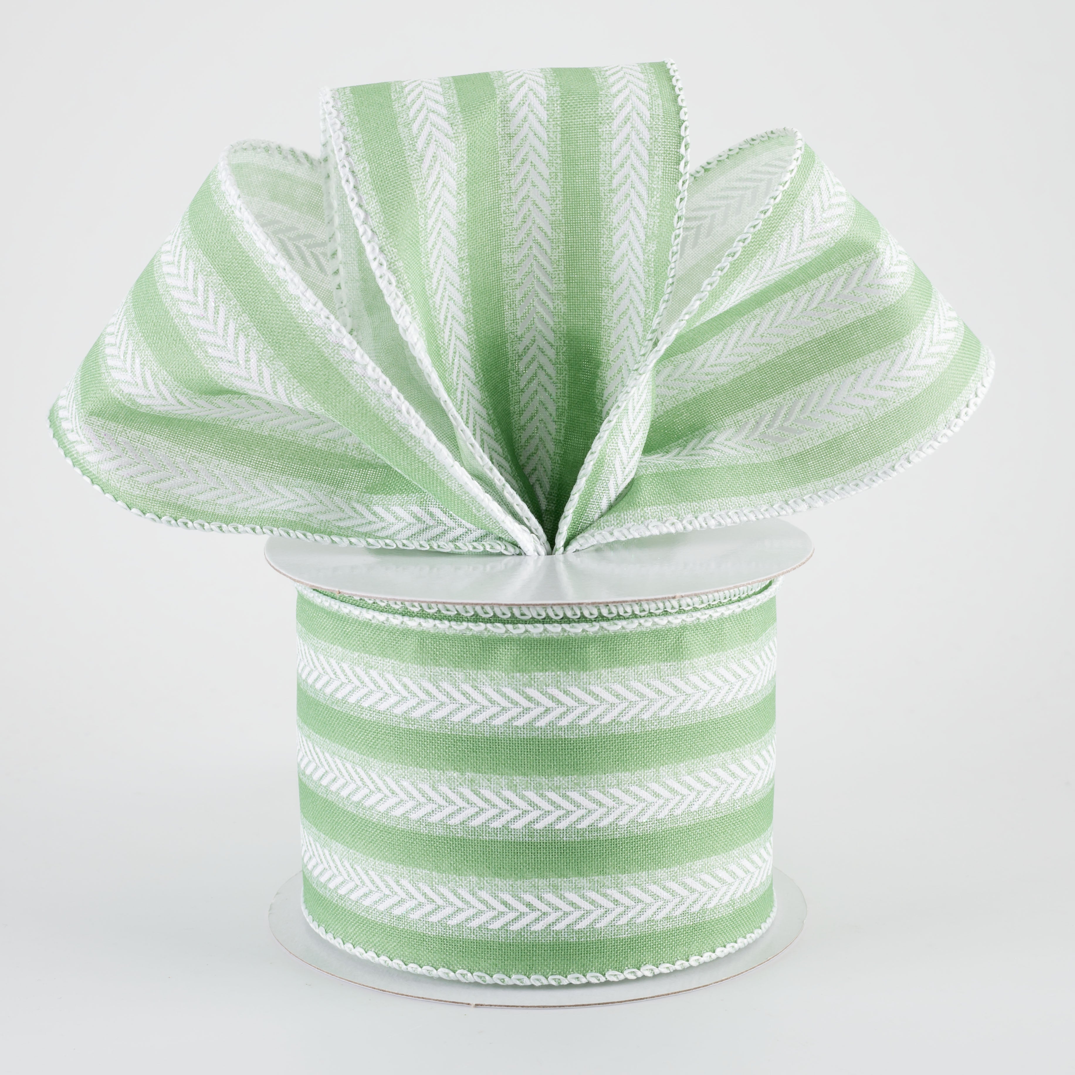 2.5" Iridescent Herringbone Stripes Ribbon: Mint Green & White (10 Yards)