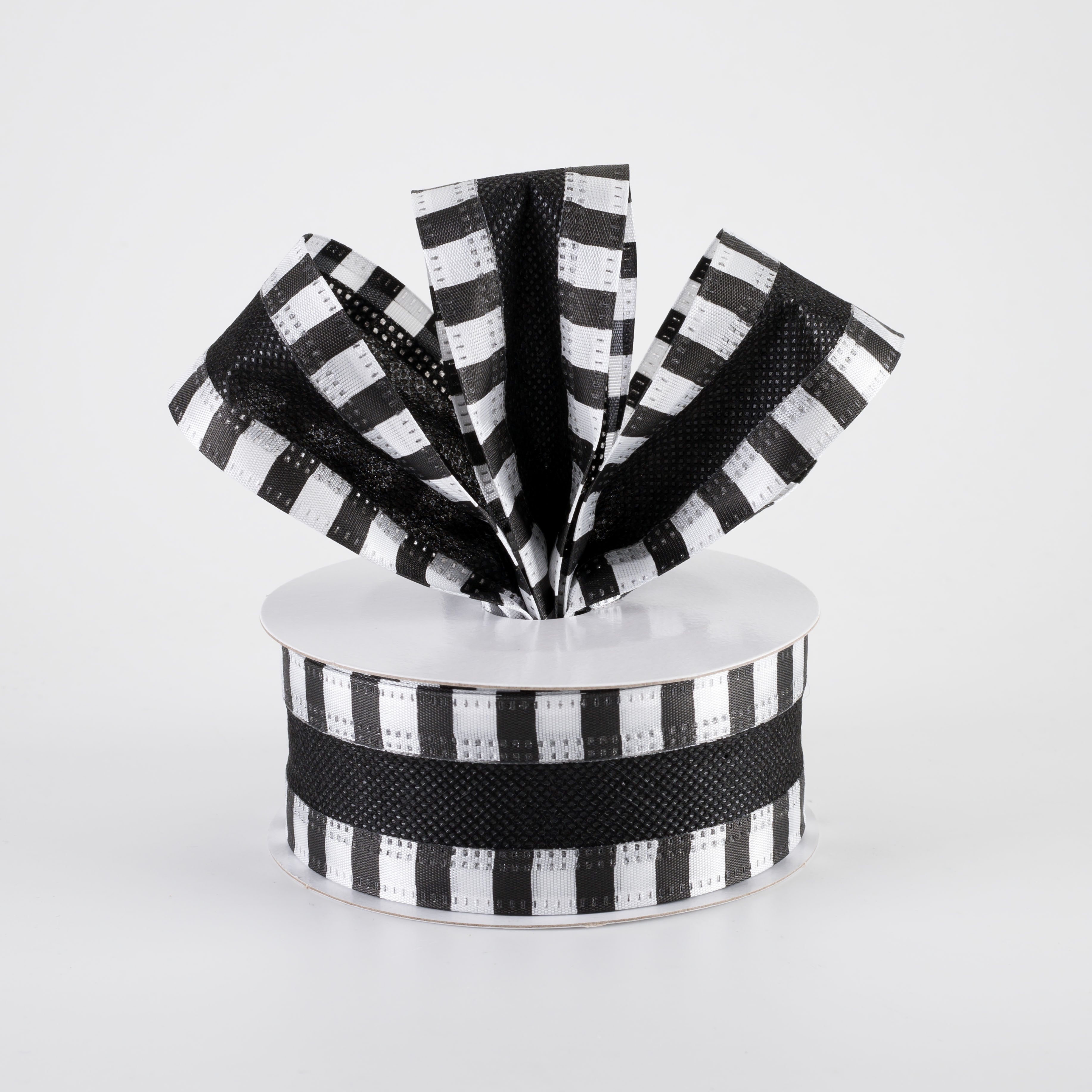 1.5" Striped Edge Breeze Ribbon: Black & White (10 Yards)