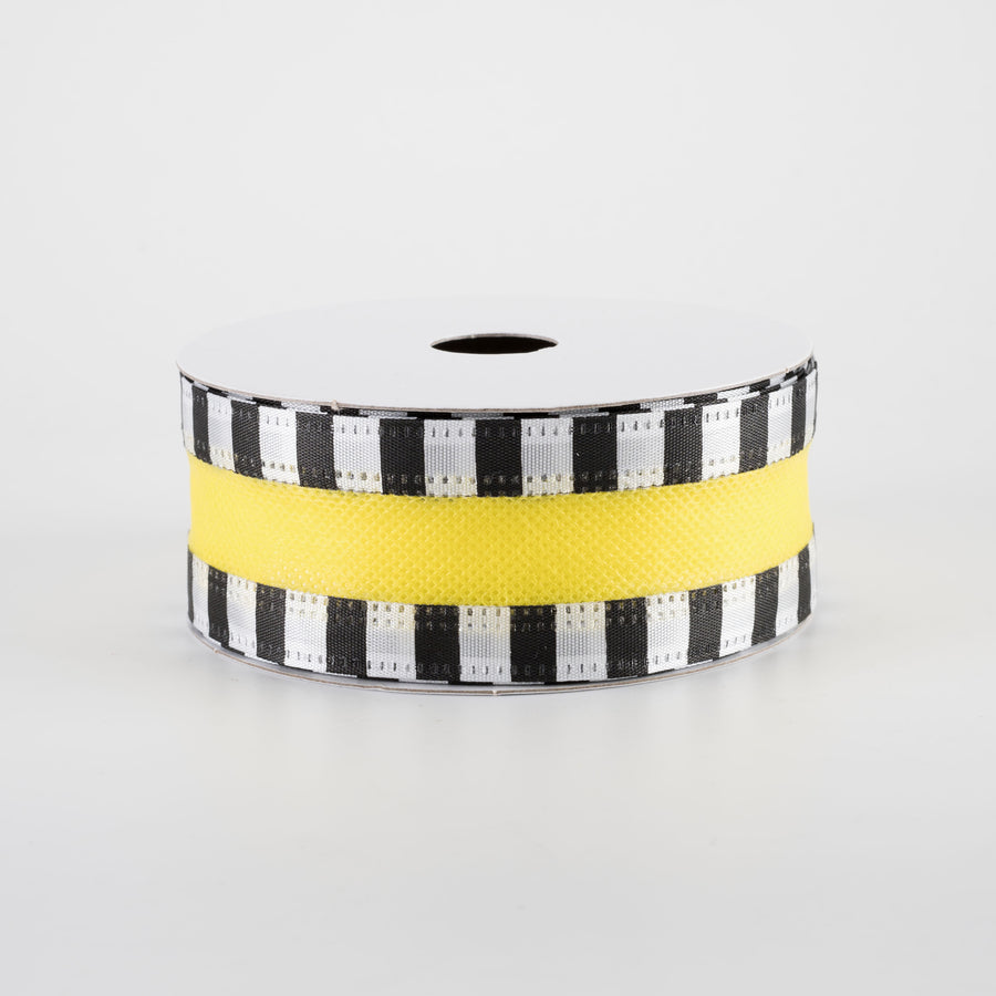 1.5" Striped Edge Breeze Ribbon: Yellow, Black & White (10 Yards)