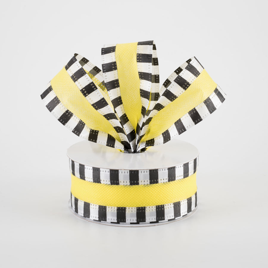 1.5" Striped Edge Breeze Ribbon: Yellow, Black & White (10 Yards)