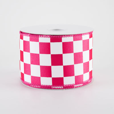 2.5" Ribbed Satin Race Check Ribbon: Fuchsia Pink & White (10 Yards)