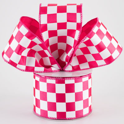 2.5" Ribbed Satin Race Check Ribbon: Fuchsia Pink & White (10 Yards)