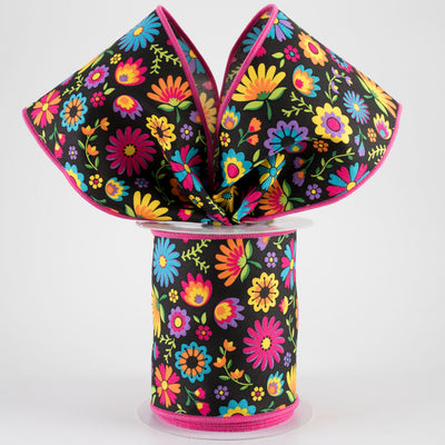 4" Bright Fiesta Florals Ribbon: Black (10 Yards)