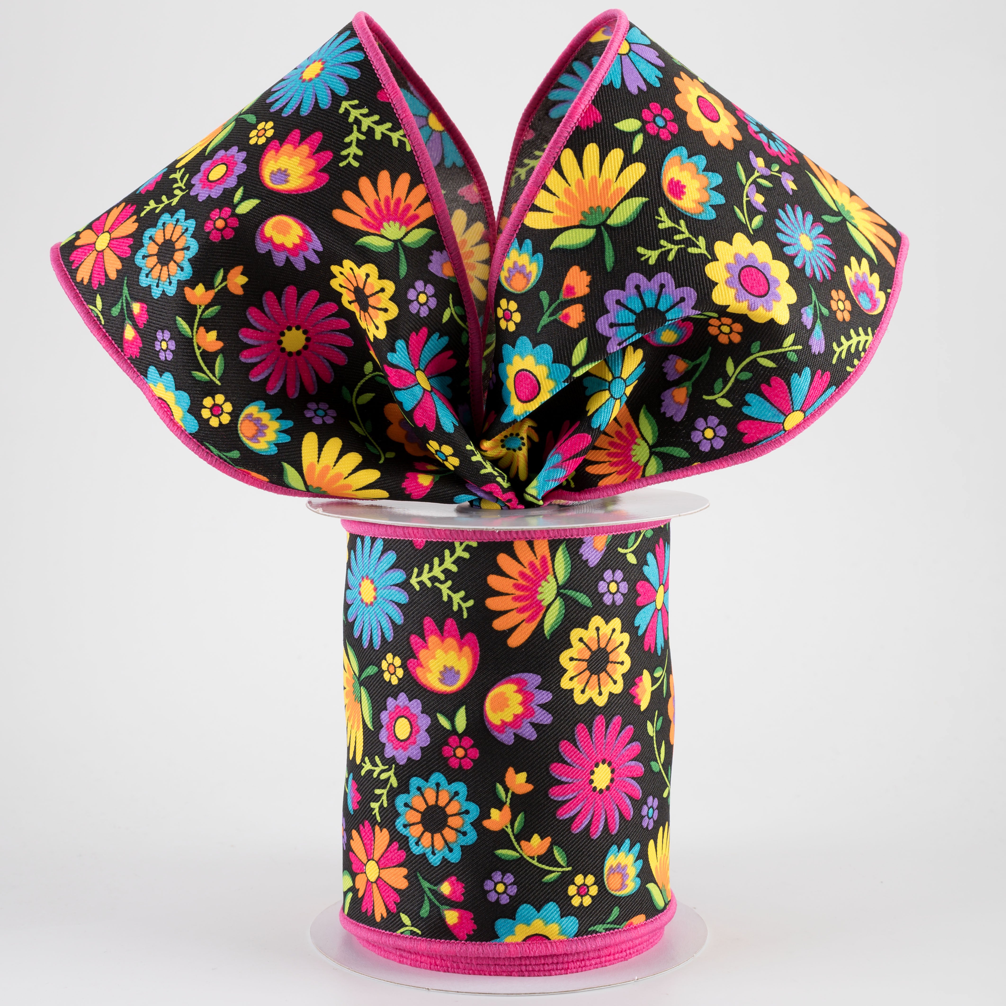 4" Bright Fiesta Florals Ribbon: Black (10 Yards)