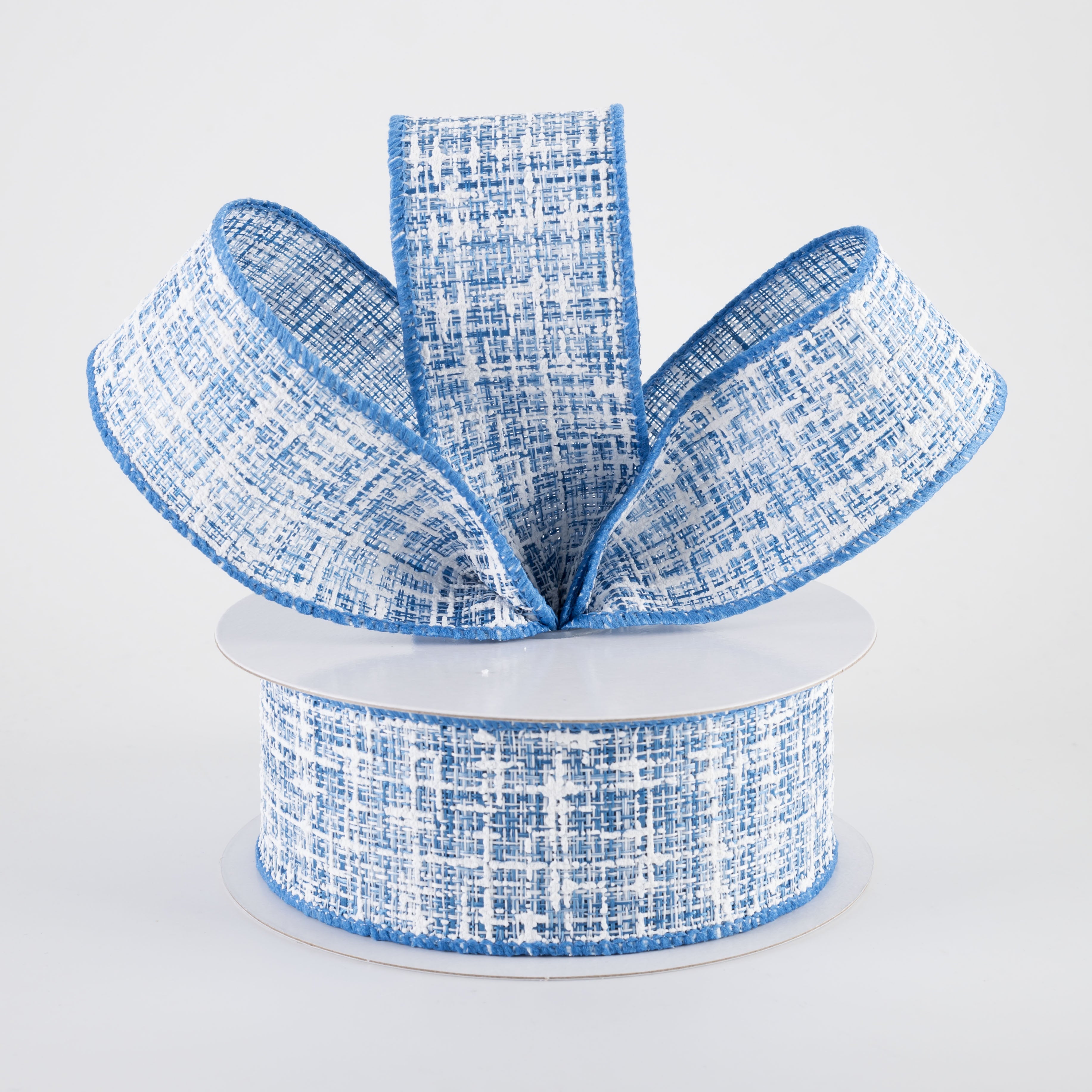 1.5" Embellished Tweed Ribbon: Blue & White (10 Yards)