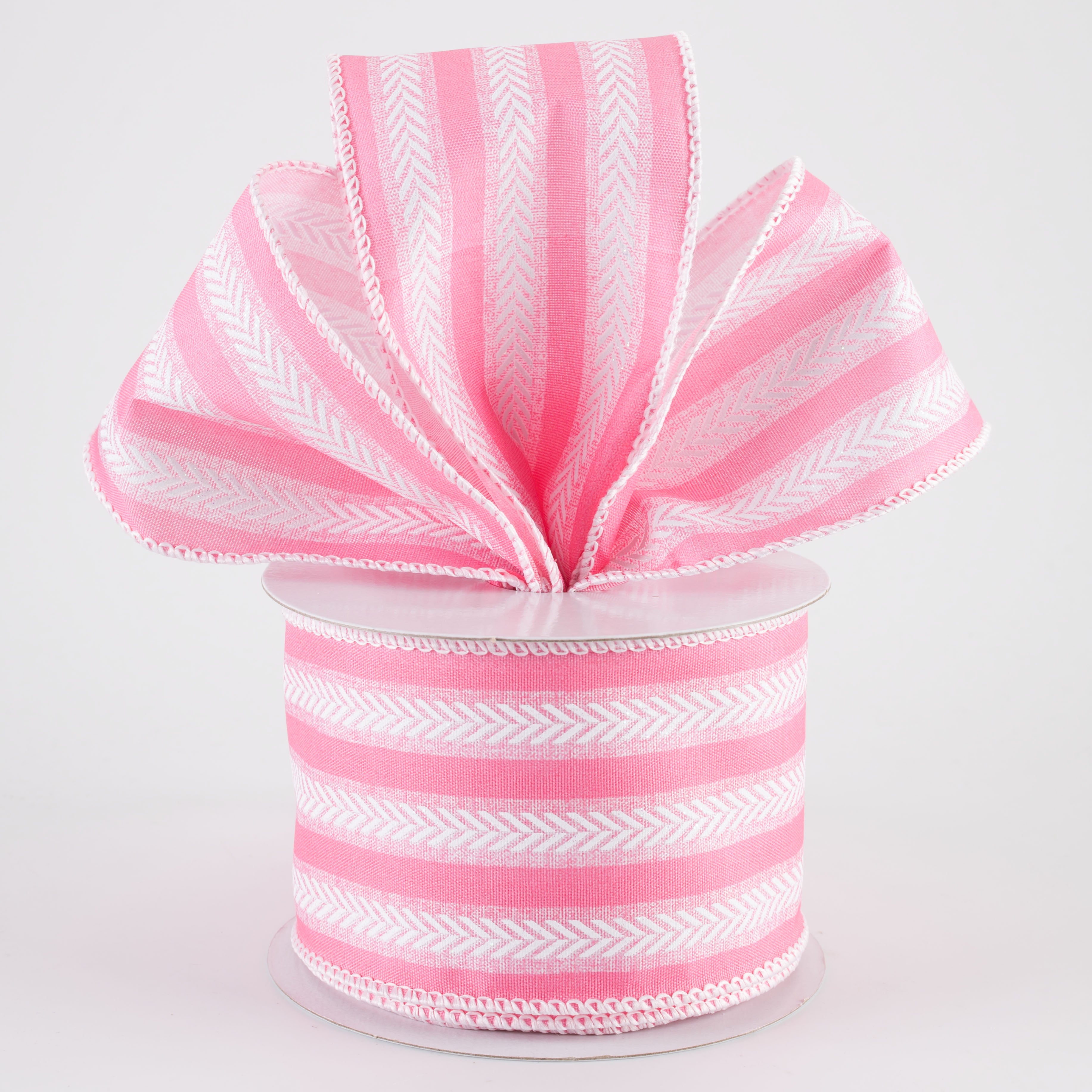 2.5" Iridescent Herringbone Stripes Ribbon: Pink & White (10 Yards)