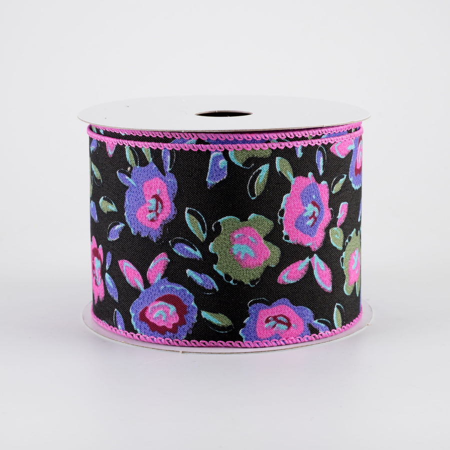 2.5" Funky Flowers Ribbon: Neon on Black (10 Yards)