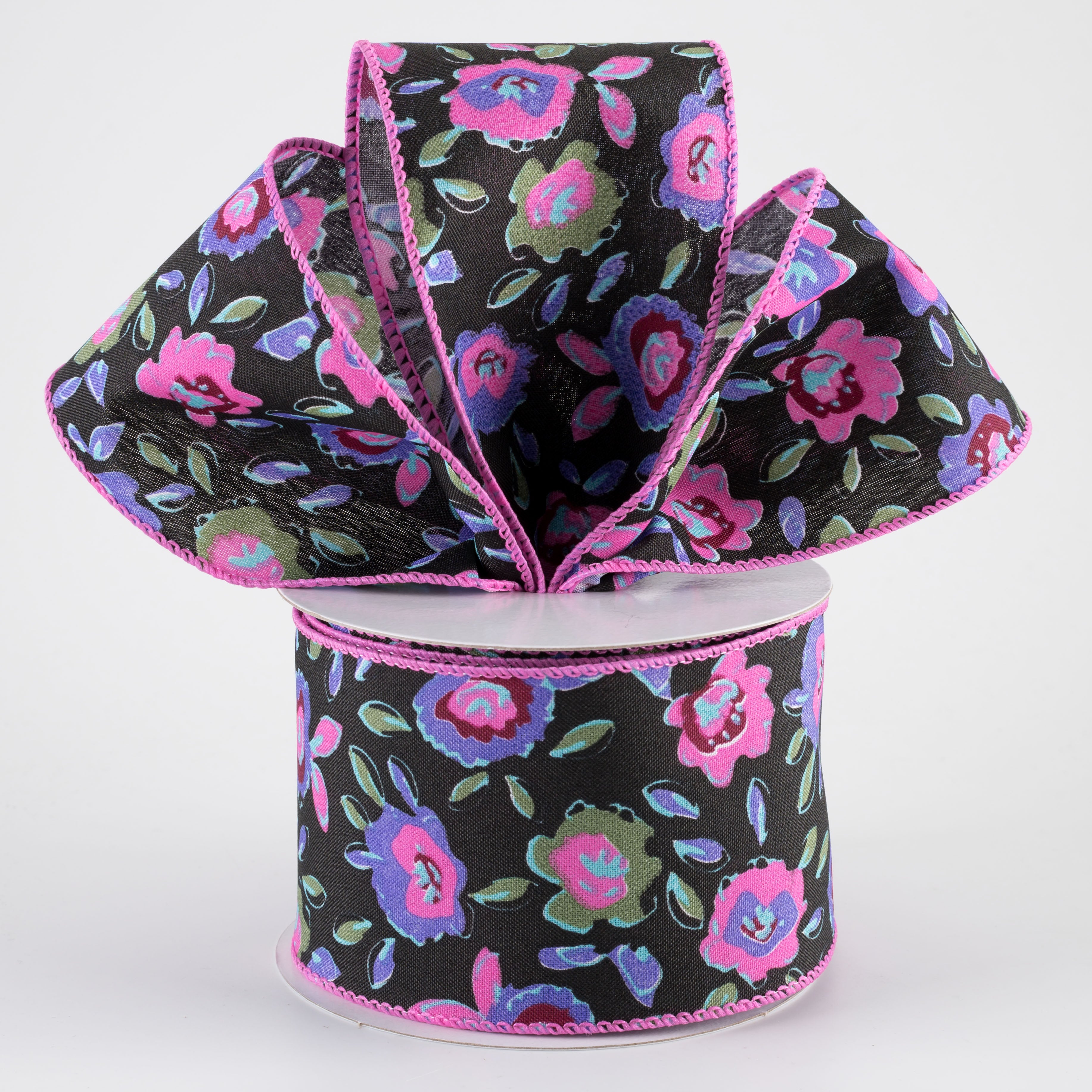2.5" Funky Flowers Ribbon: Neon on Black (10 Yards)