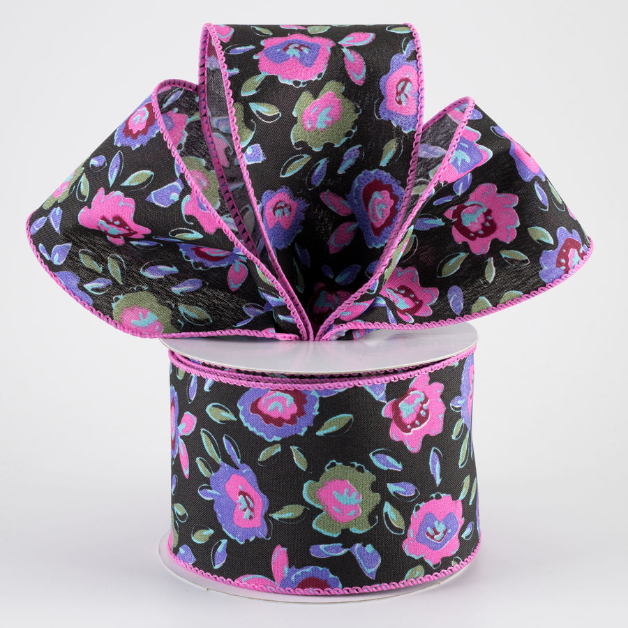 2.5" Funky Flowers Ribbon: Neon on Black (10 Yards)