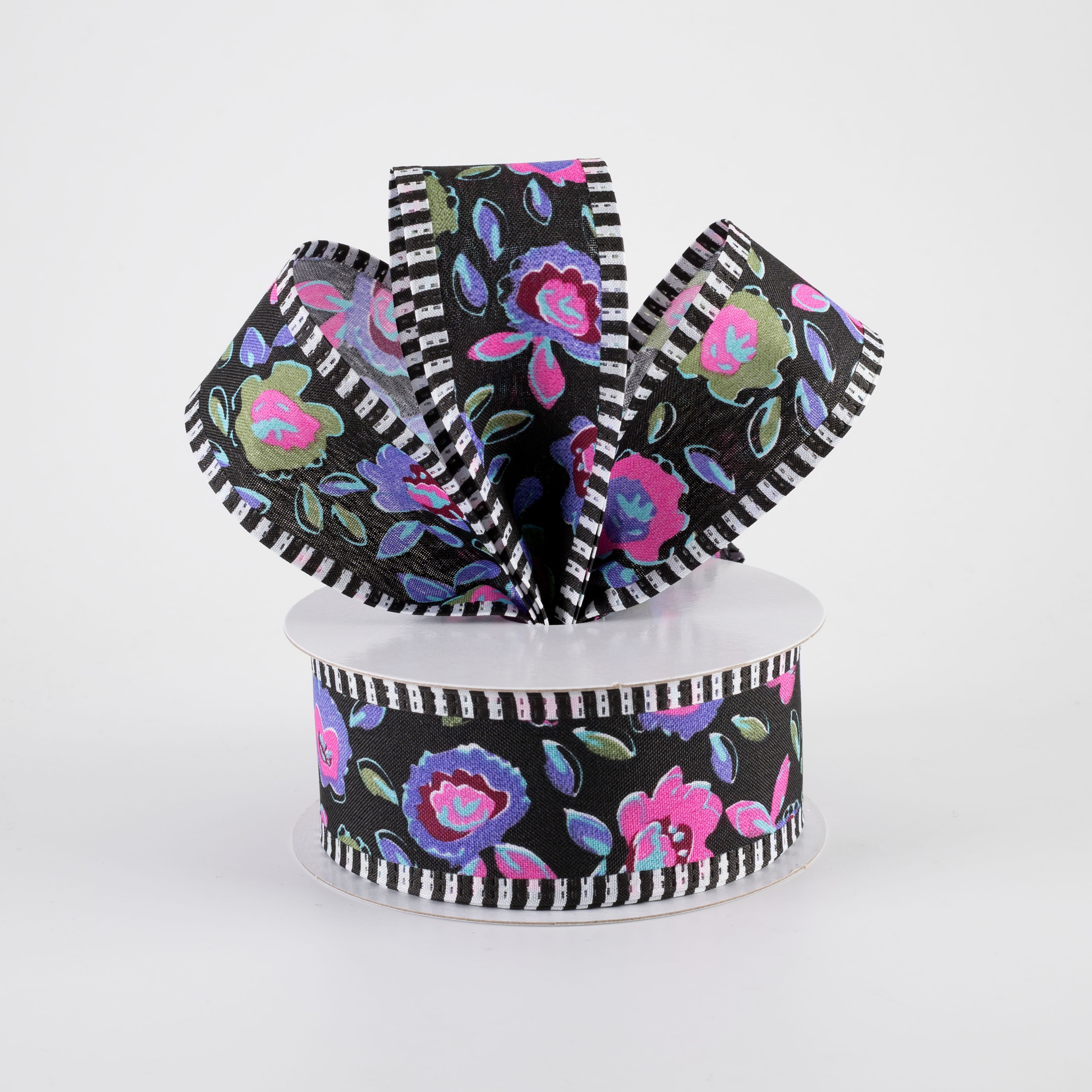 1.5" Funky Flowers Striped Edge Ribbon: Neon on Black (10 Yards)