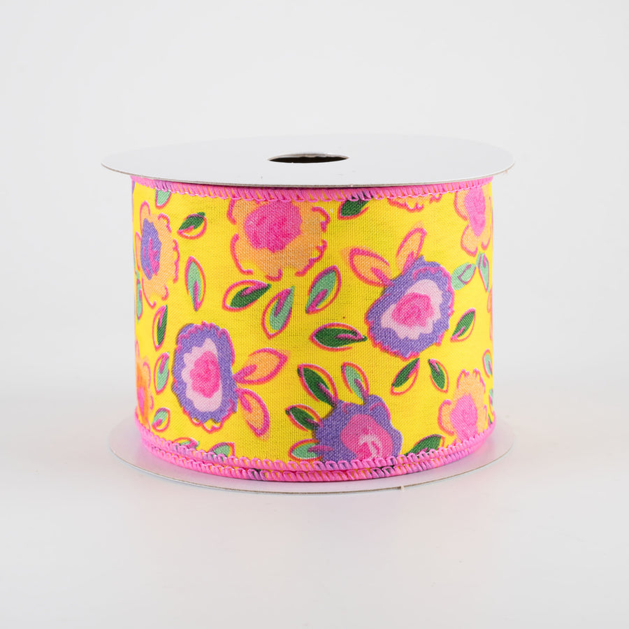 2.5" Funky Flowers Ribbon: Neon on Yellow (10 Yards)