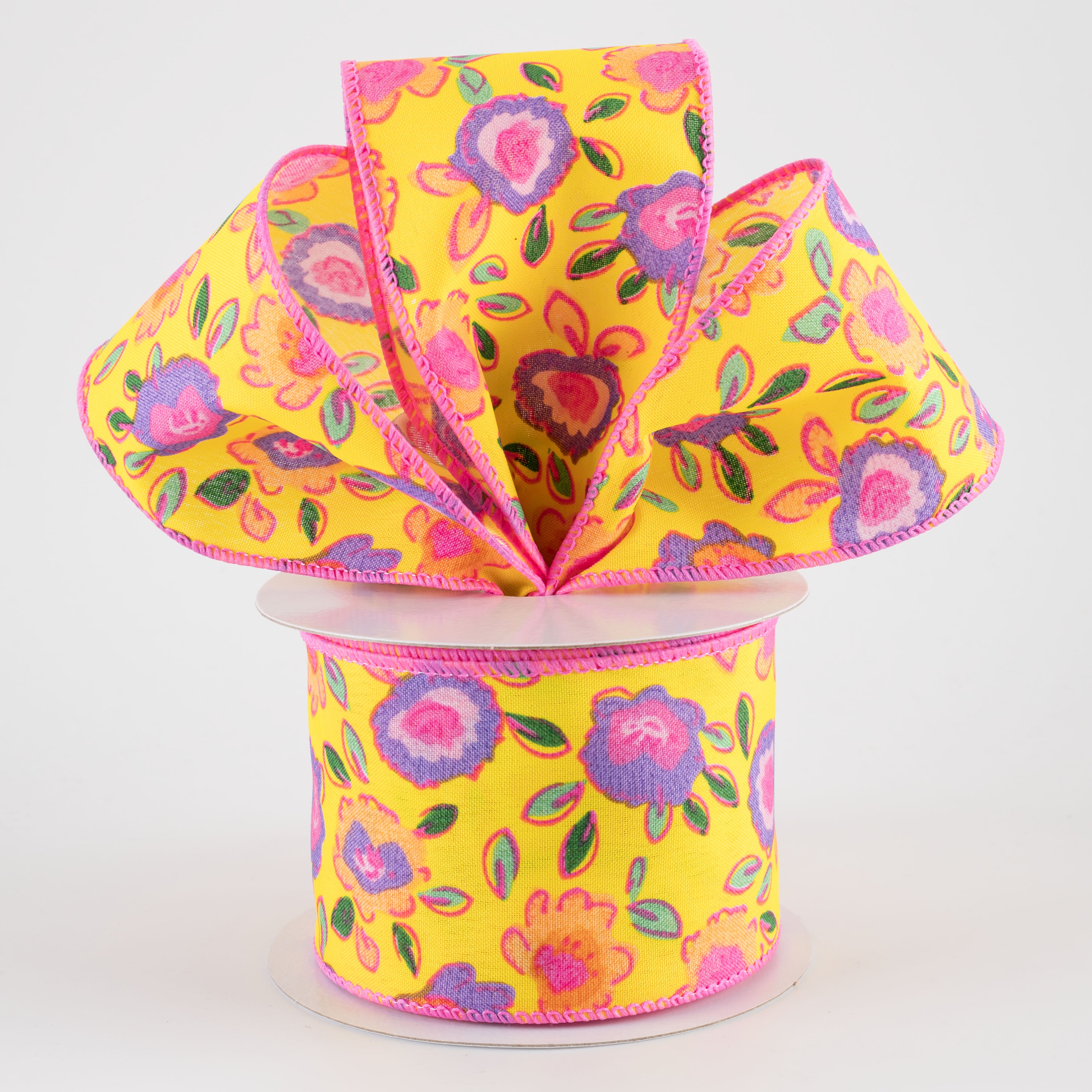 2.5" Funky Flowers Ribbon: Neon on Yellow (10 Yards)