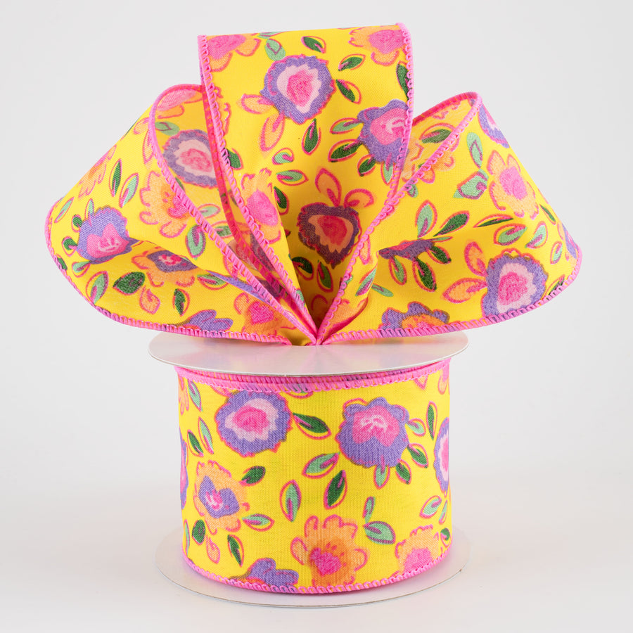 2.5" Funky Flowers Ribbon: Neon on Yellow (10 Yards)
