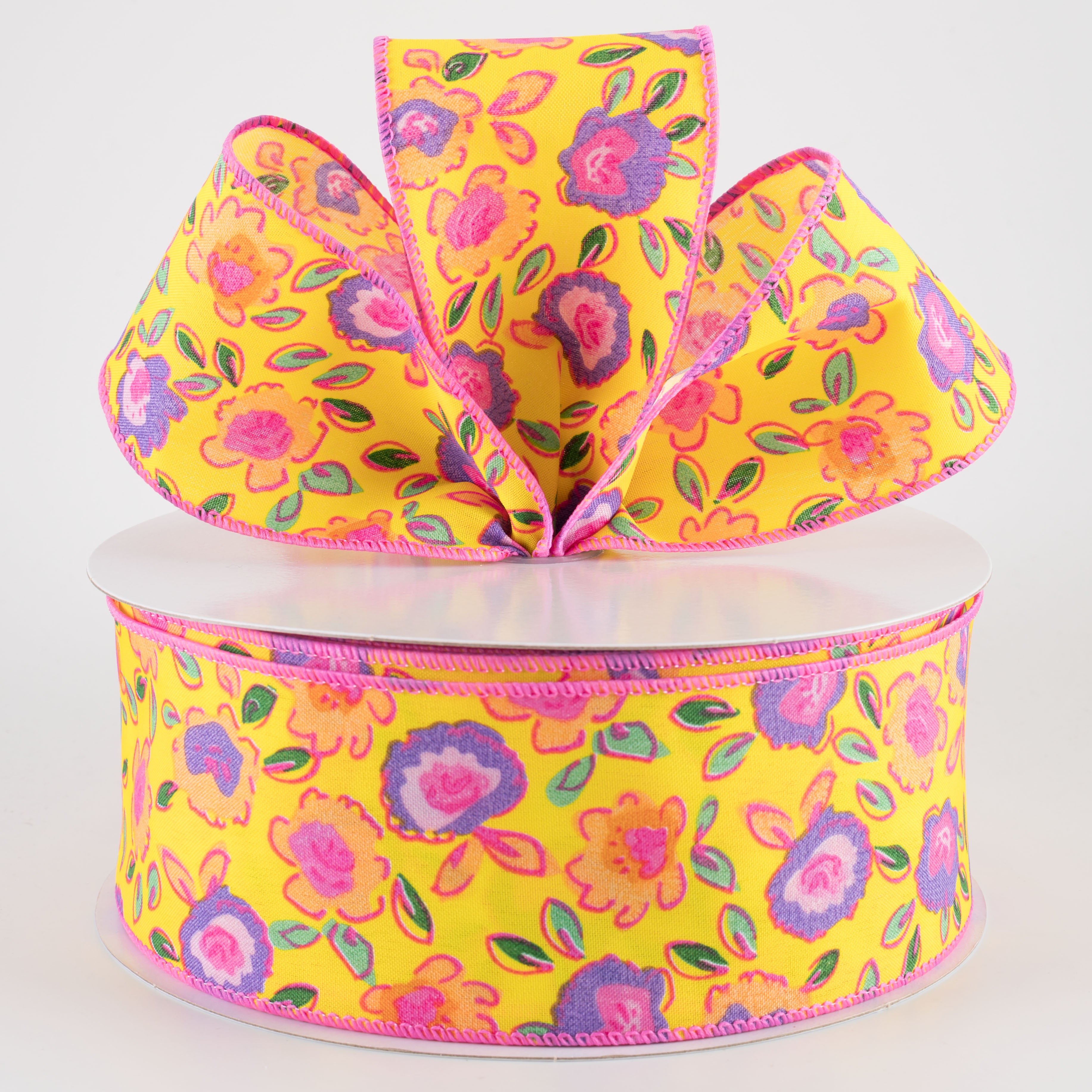2.5" Funky Flowers Ribbon: Neon on Yellow (50 Yards)