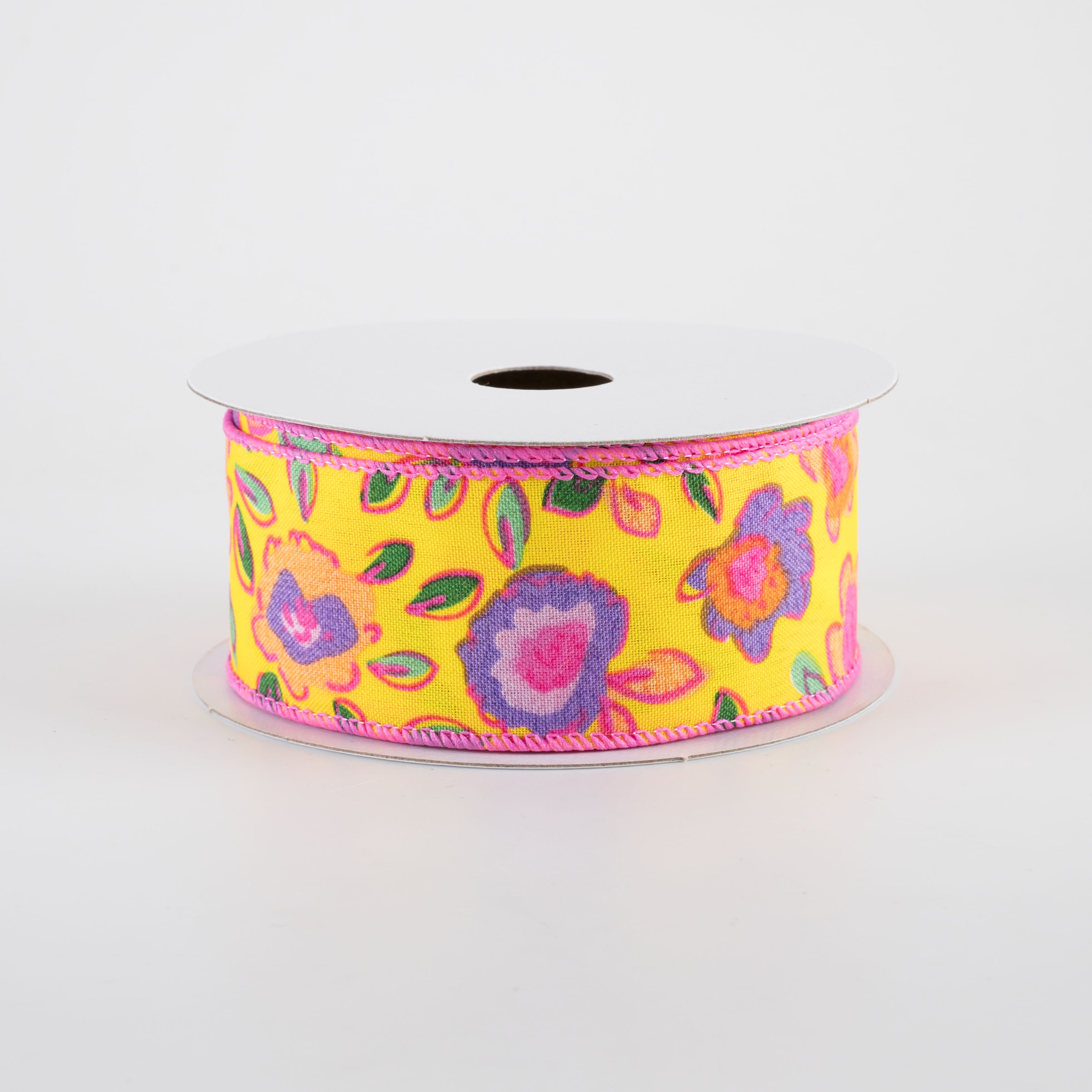 1.5" Funky Flowers Ribbon: Neon on Yellow (10 Yards)