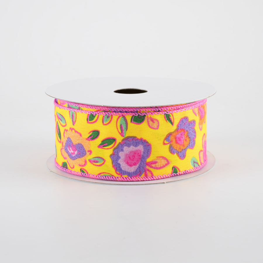 1.5" Funky Flowers Ribbon: Neon on Yellow (10 Yards)