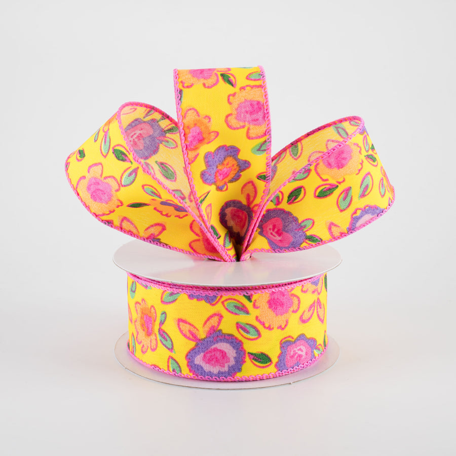 1.5" Funky Flowers Ribbon: Neon on Yellow (10 Yards)