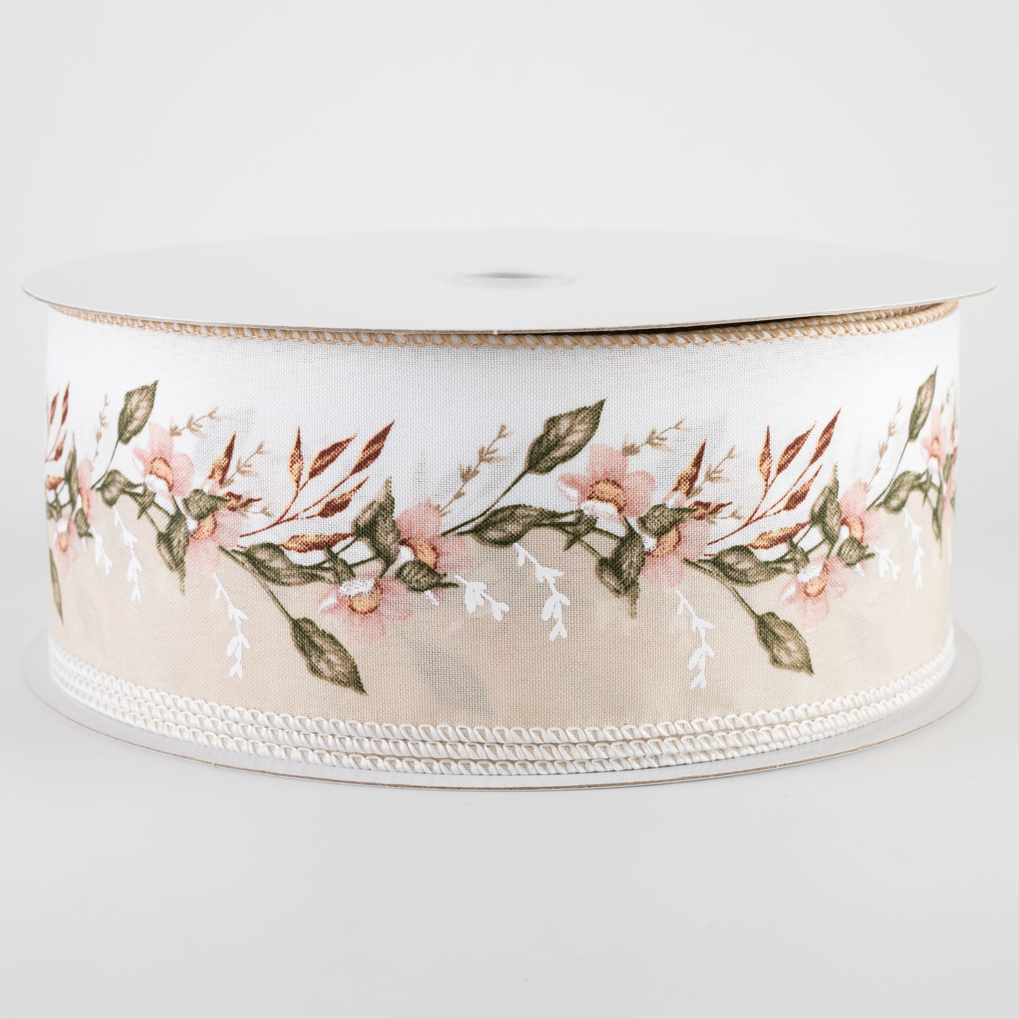2.5" Dual Floral Garland Ribbon: Tan & White (50 Yards)
