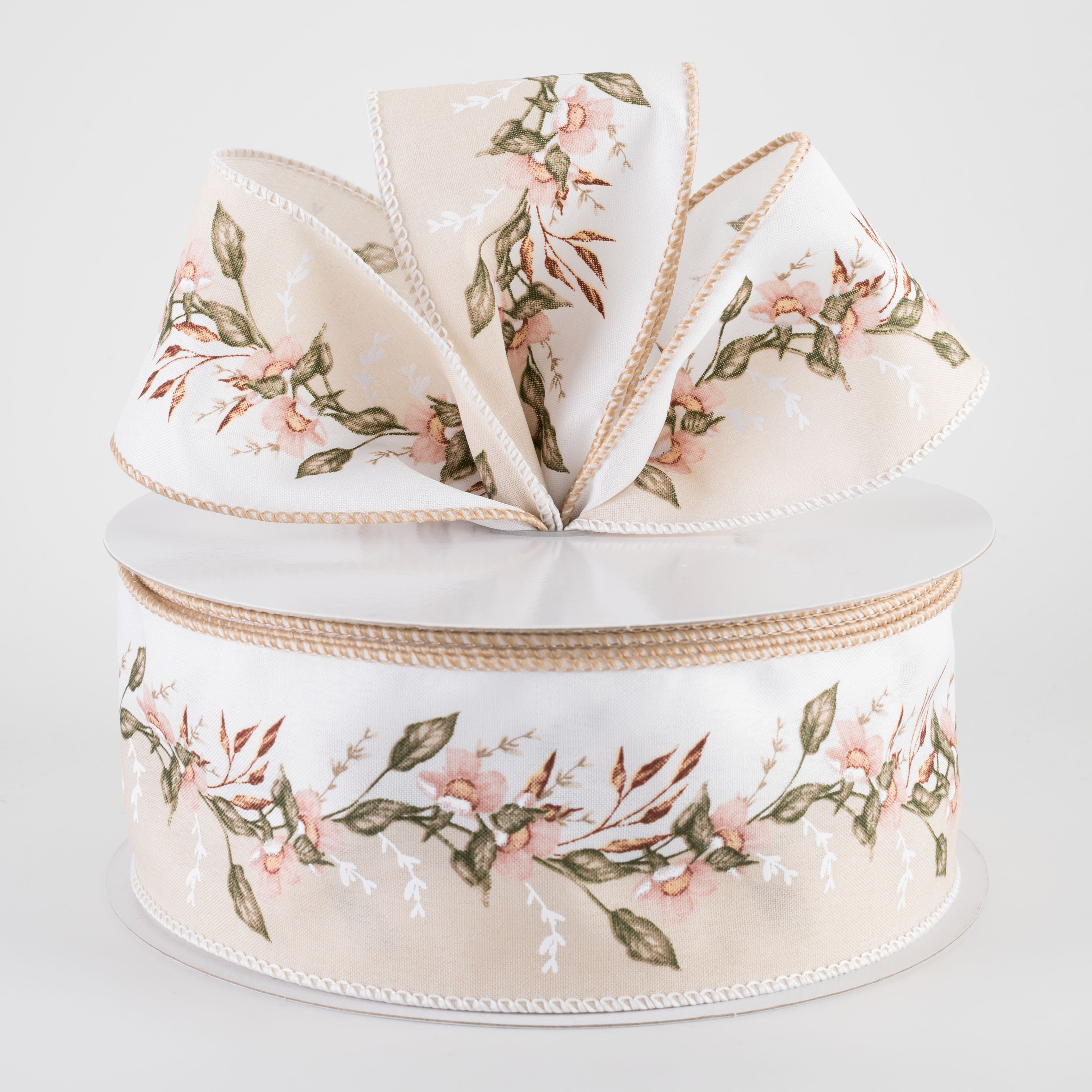 2.5" Dual Floral Garland Ribbon: Tan & White (50 Yards)
