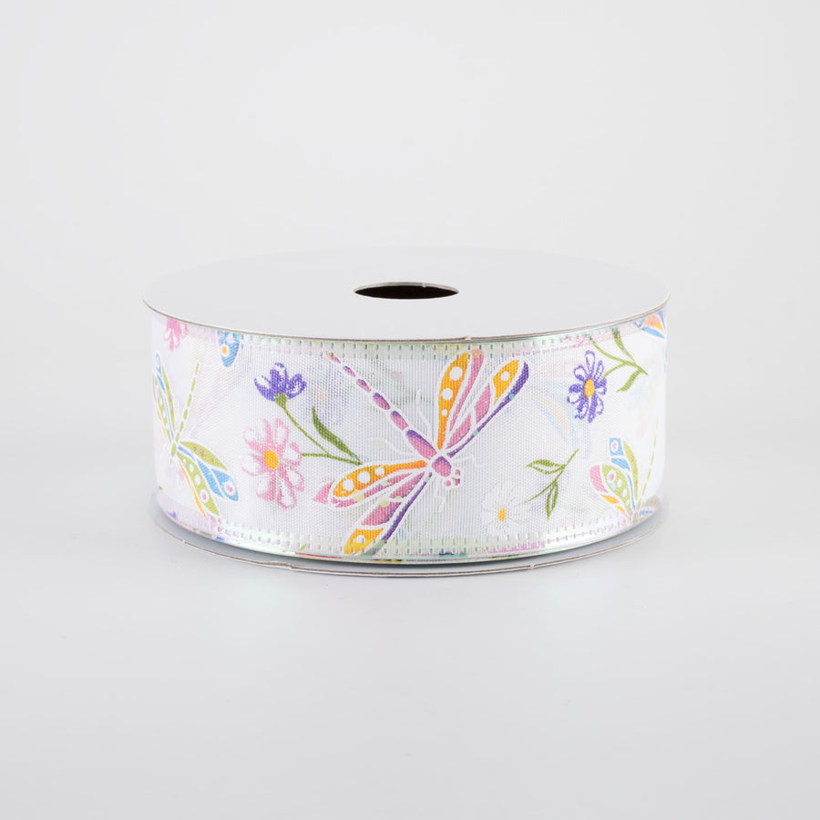 1.5" Iridescent Dragonflies & Flowers Ribbon: White (10 Yards)
