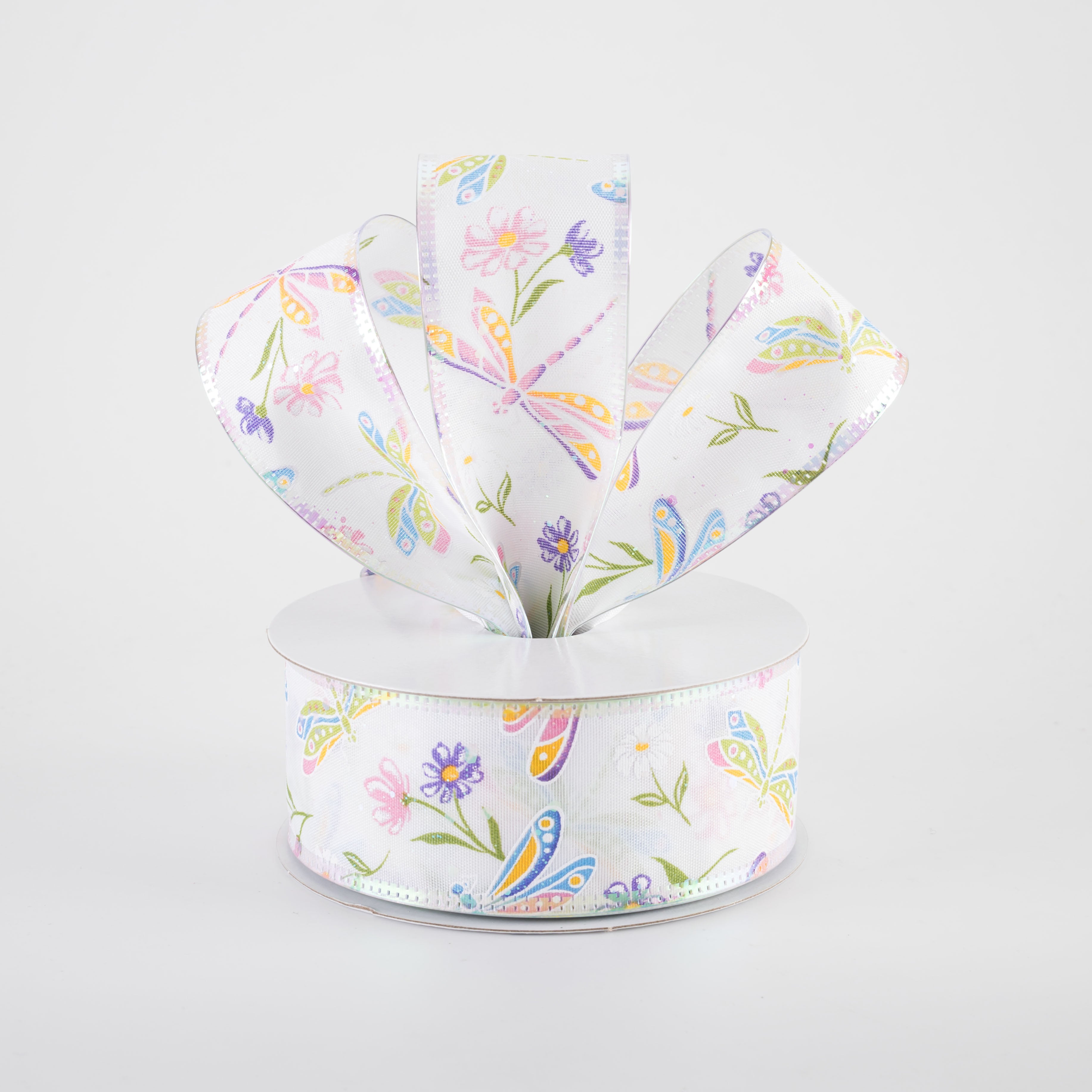 1.5" Iridescent Dragonflies & Flowers Ribbon: White (10 Yards)