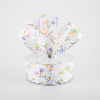 1.5" Iridescent Dragonflies & Flowers Ribbon: White (10 Yards)