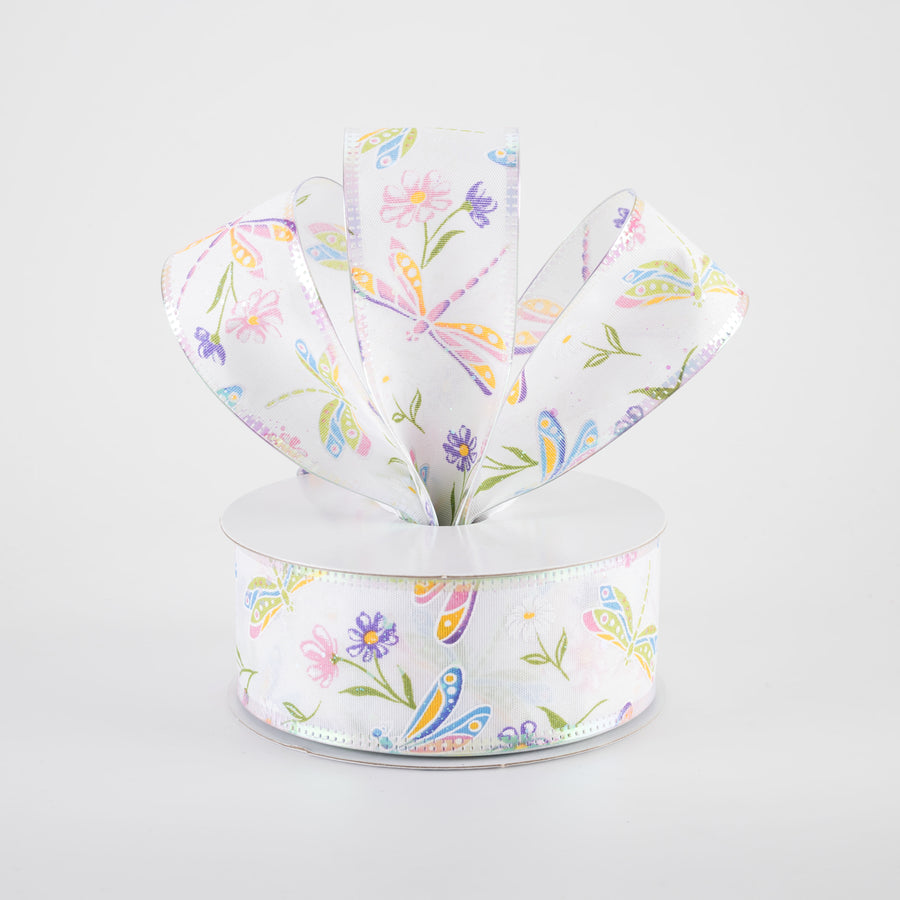1.5" Iridescent Dragonflies & Flowers Ribbon: White (10 Yards)