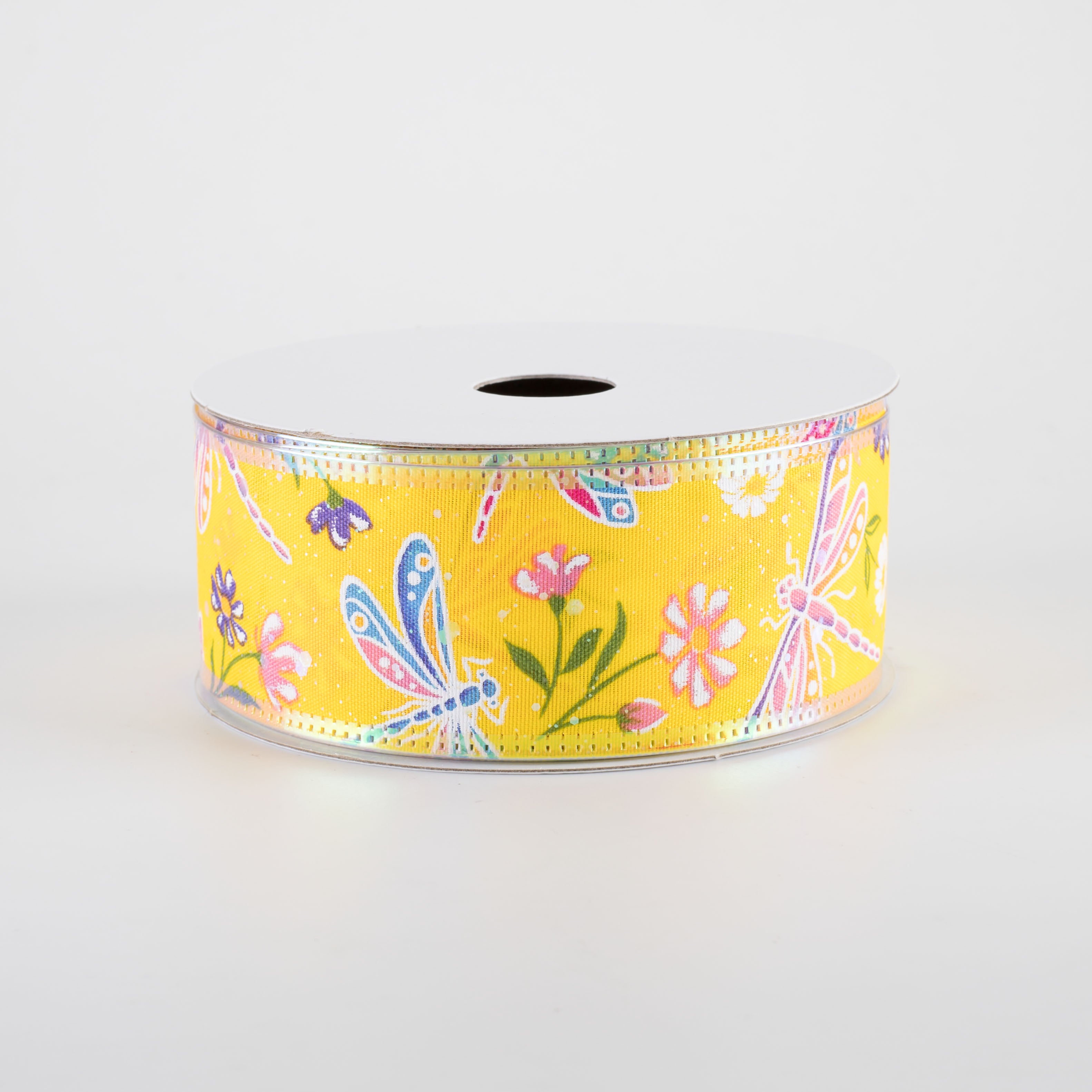 1.5" Iridescent Dragonflies & Flowers Ribbon: Yellow (10 Yards)