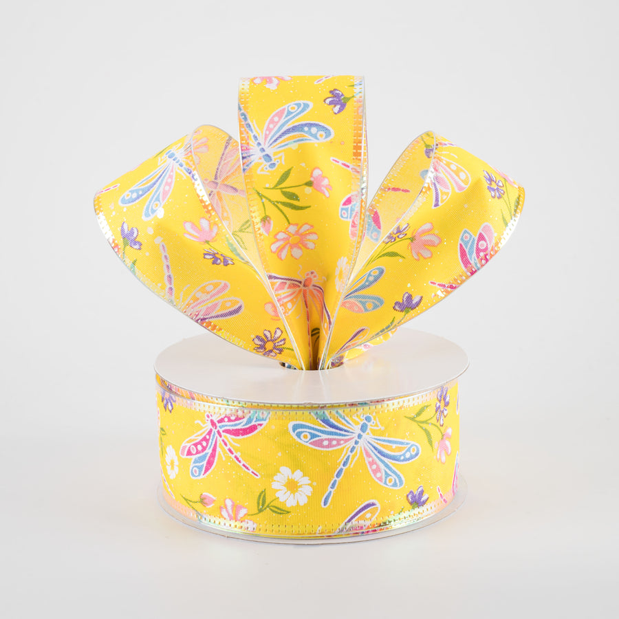 1.5" Iridescent Dragonflies & Flowers Ribbon: Yellow (10 Yards)