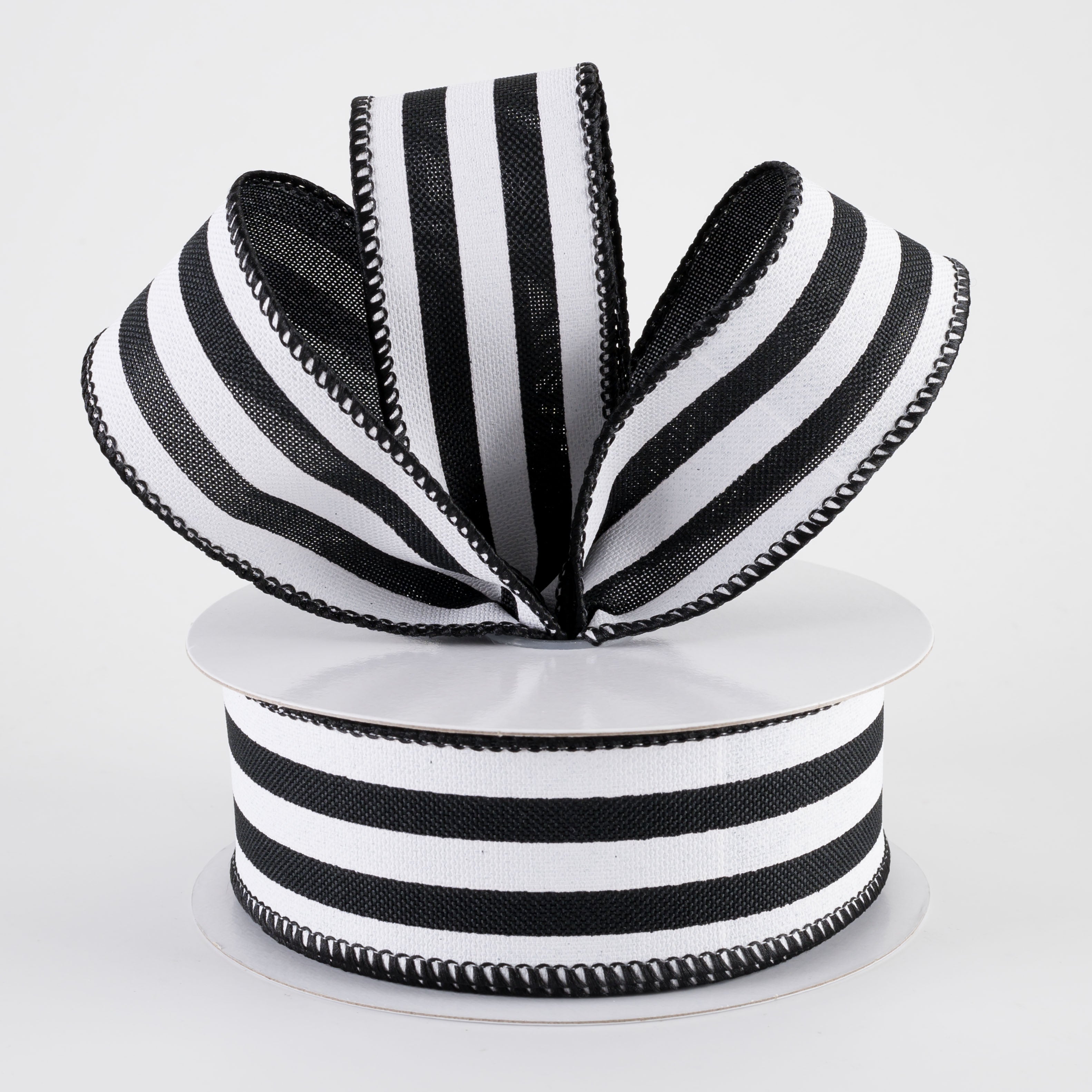1.5" Linen Wide Cabana Stripes Ribbon: Black & White (10 Yards)
