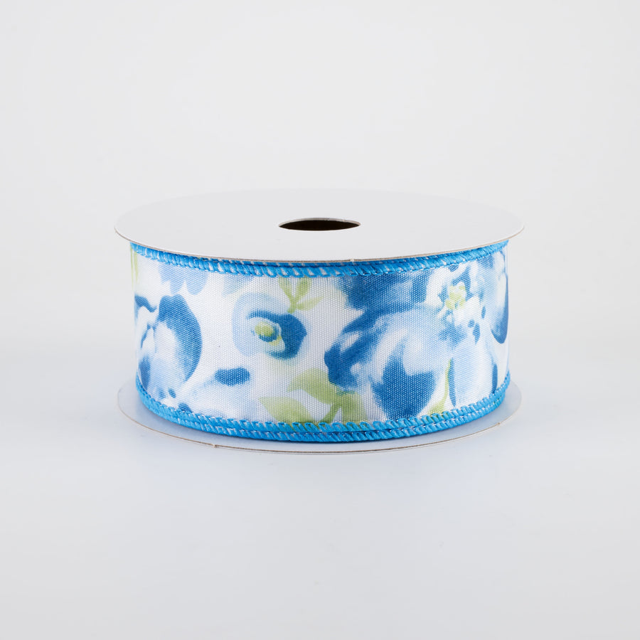 1.5" Watercolor Roses Ribbon: Blue (10 Yards)