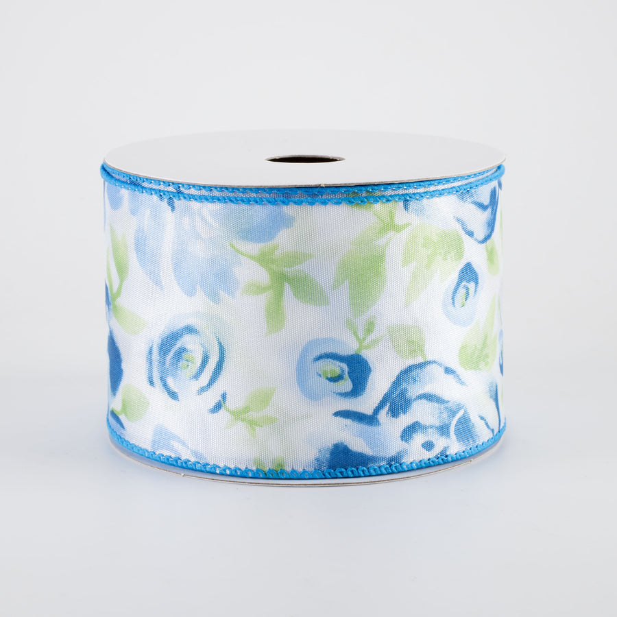 2.5" Watercolor Roses Ribbon: Blue (10 Yards)