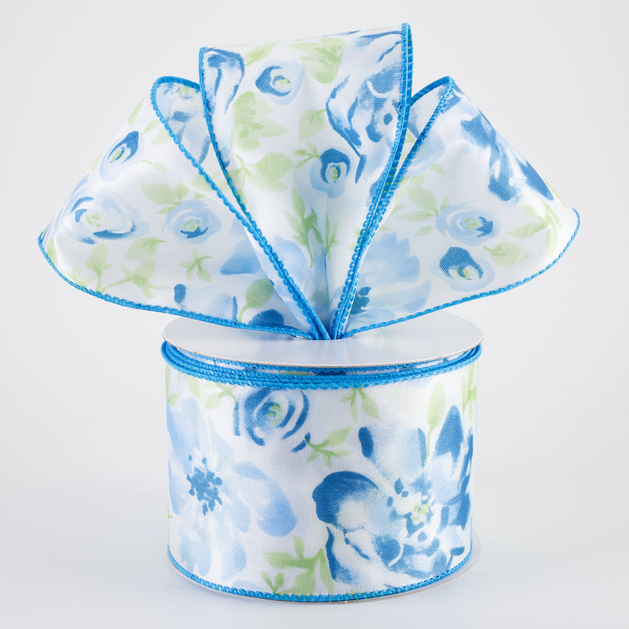 2.5" Watercolor Roses Ribbon: Blue (10 Yards)