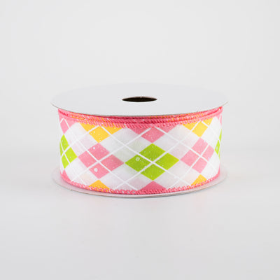 1.5" Iridescent Argyle Ribbon: White, Kiwi, Pink & Yellow (10 Yards)