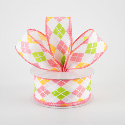 1.5" Iridescent Argyle Ribbon: White, Kiwi, Pink & Yellow (10 Yards)