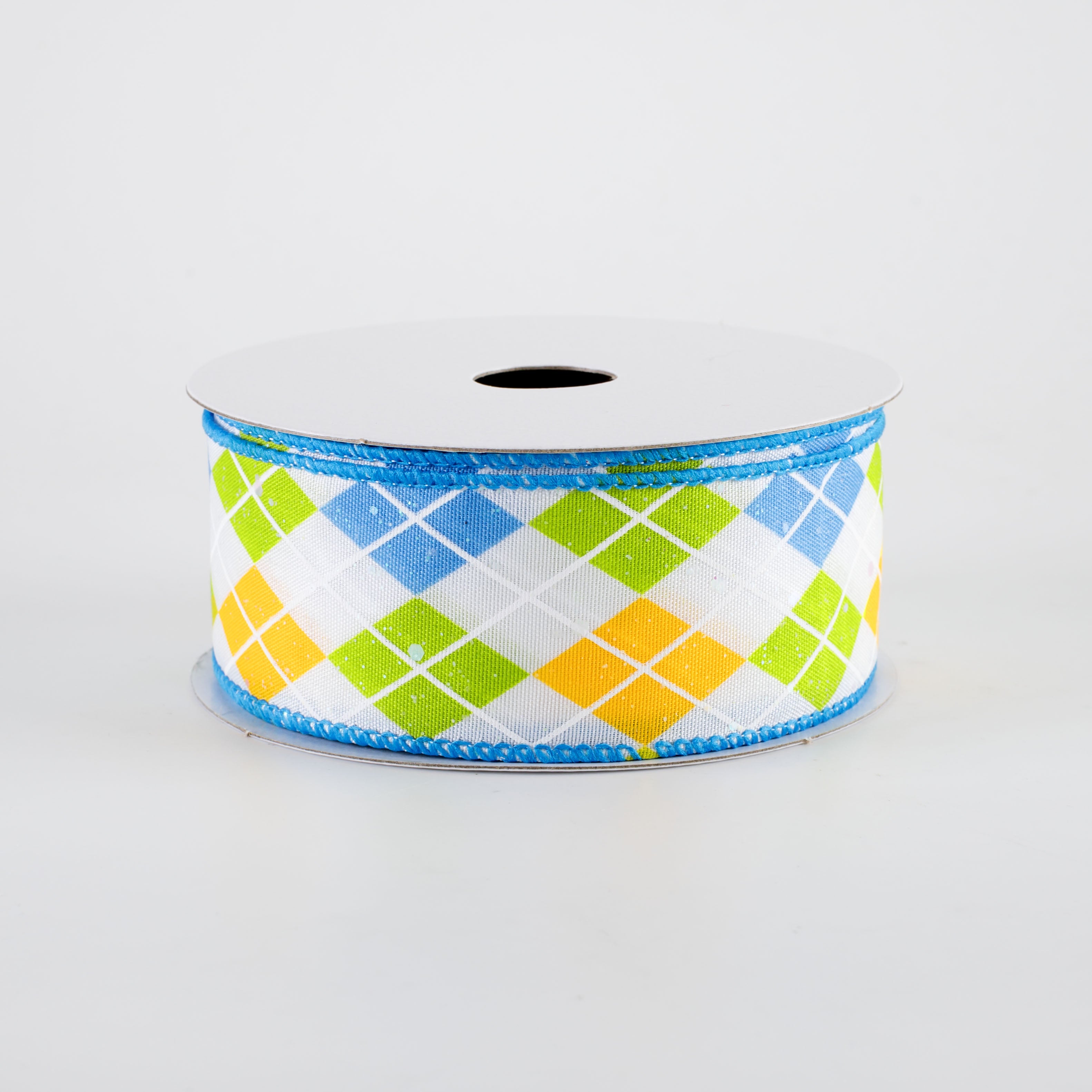 1.5" Iridescent Argyle Ribbon: White, Turquoise, Kiwi & Yellow (10 Yards)
