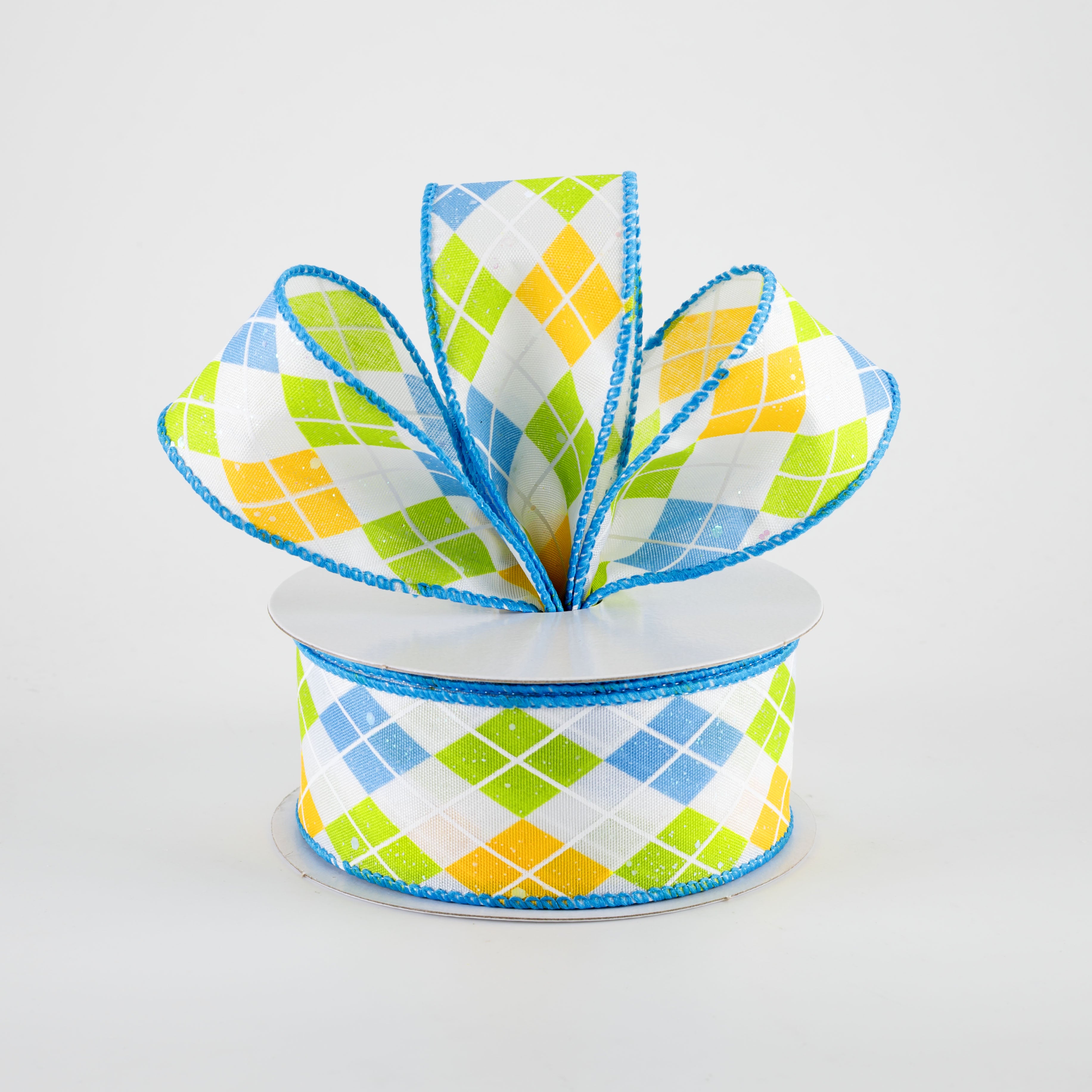 1.5" Iridescent Argyle Ribbon: White, Turquoise, Kiwi & Yellow (10 Yards)