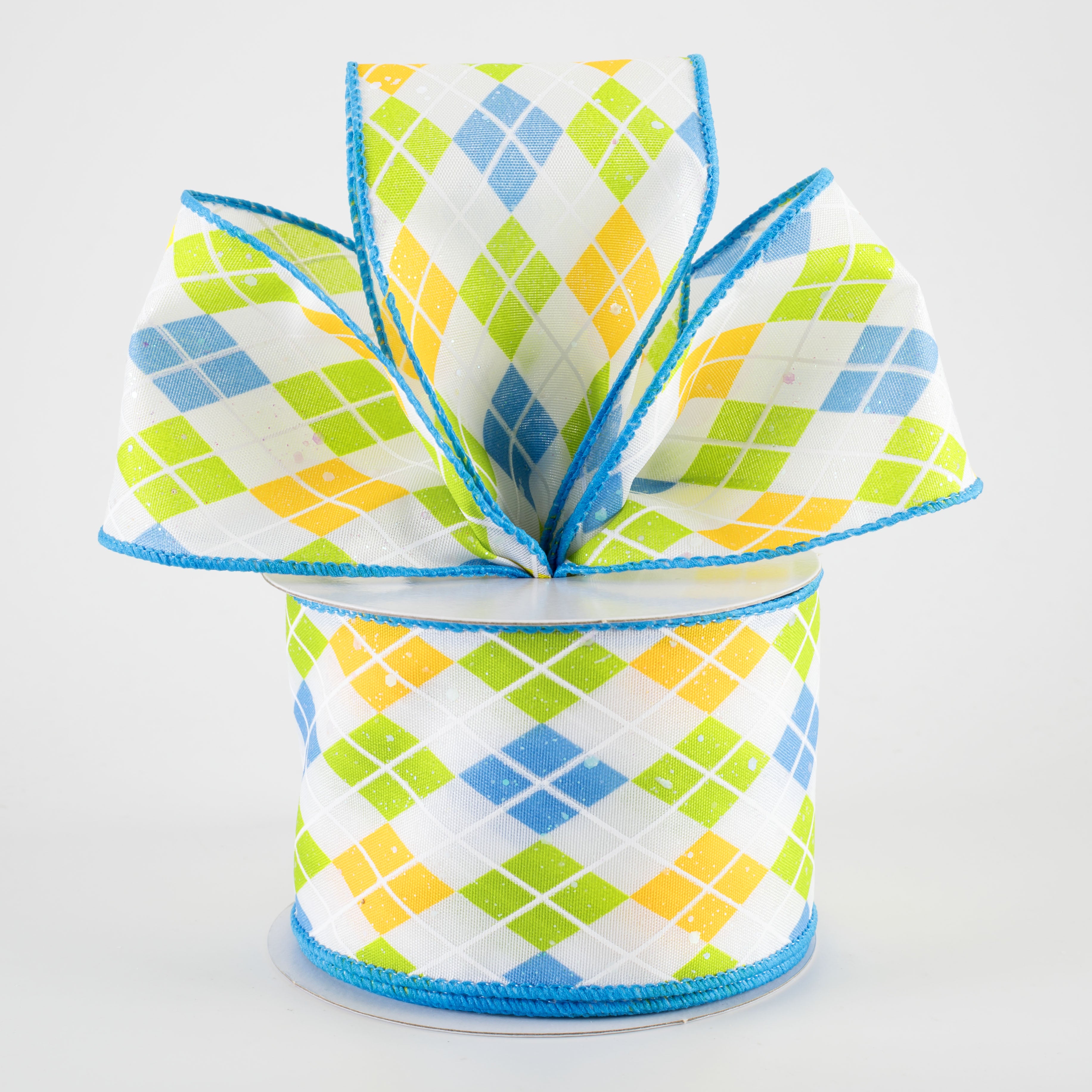 2.5" Iridescent Argyle Ribbon: White, Turquoise, Kiwi & Yellow (10 Yards)