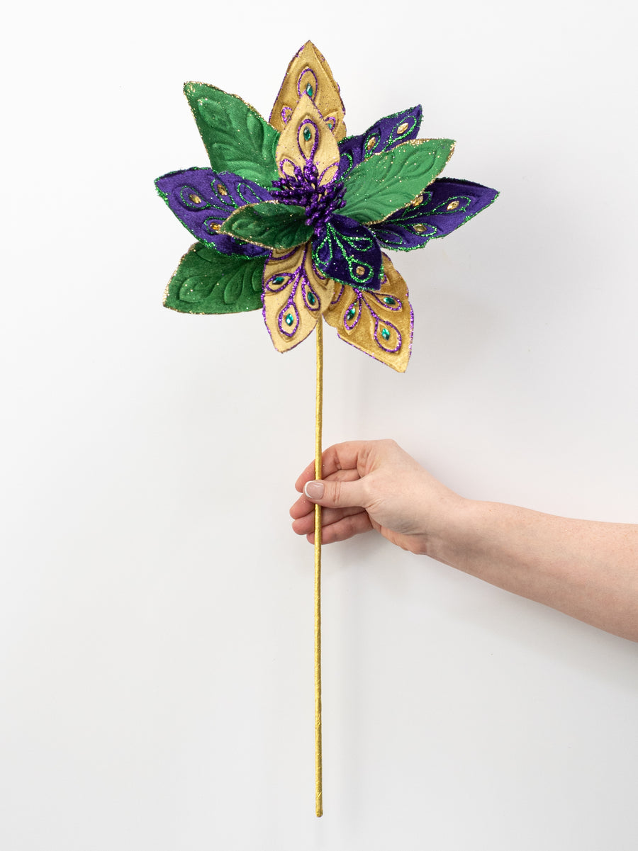 11" x 25" Velvet Poinsettia Stem: Mardi Gras