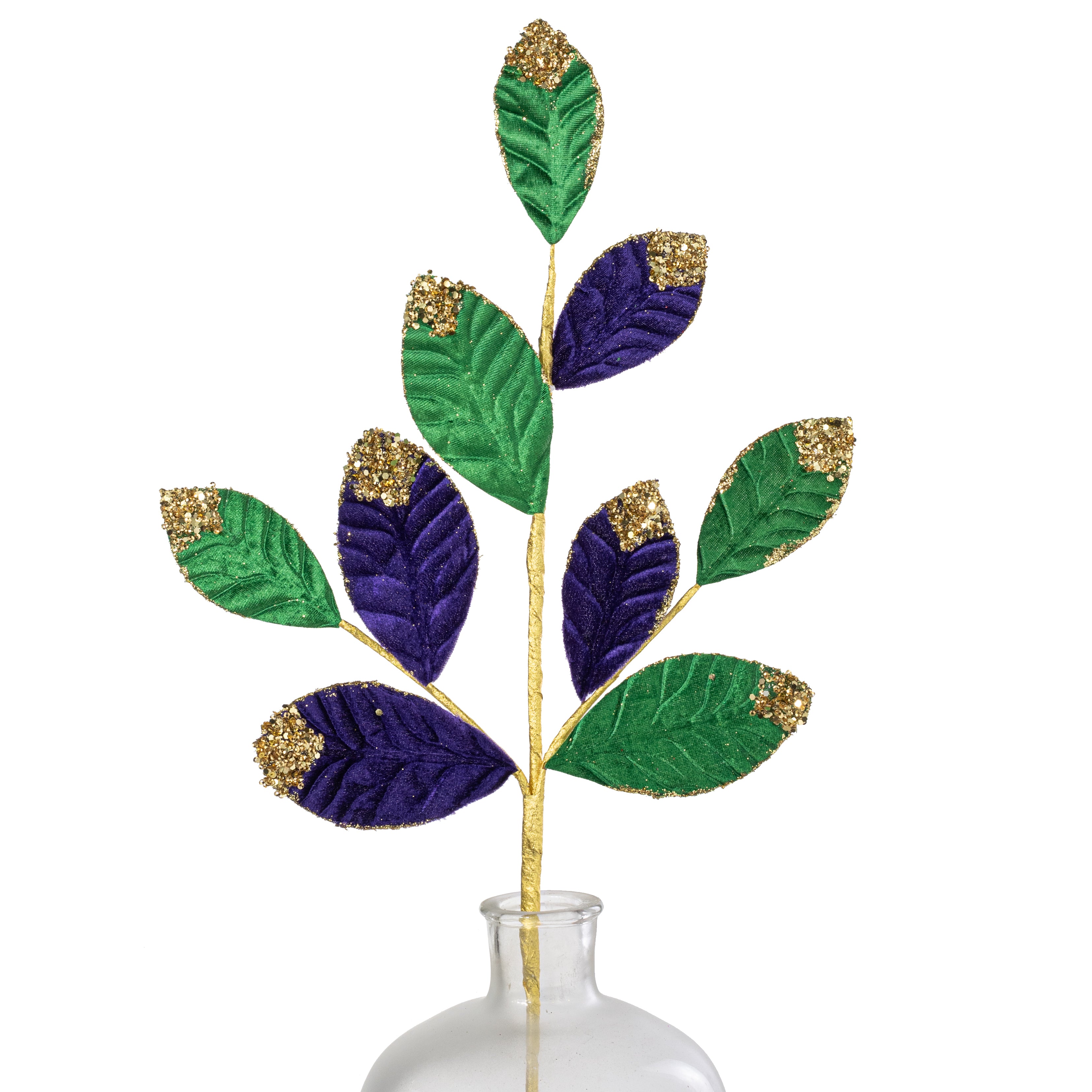 27" Glittered Velvet Leaf Spray: Mardi Gras