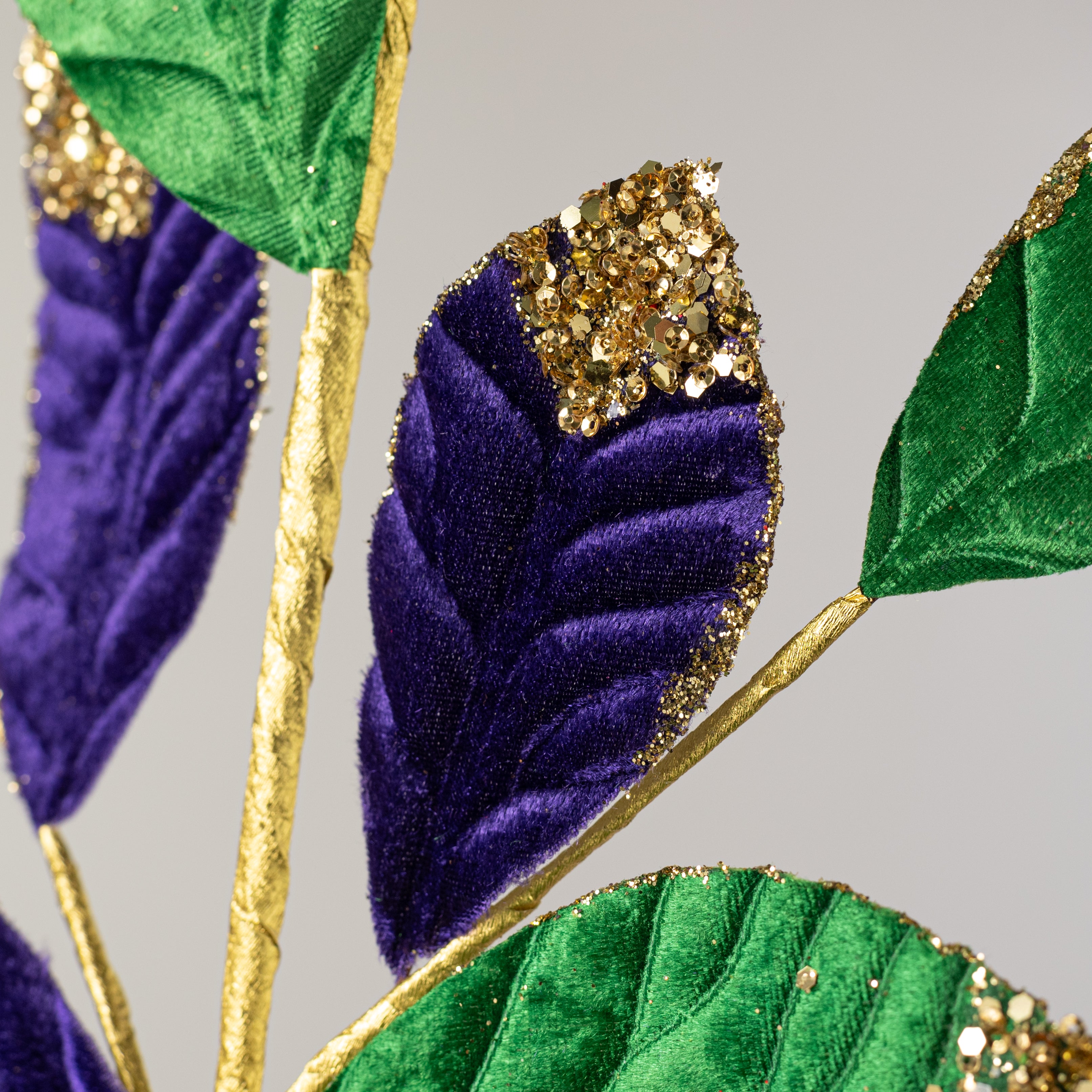 27" Glittered Velvet Leaf Spray: Mardi Gras