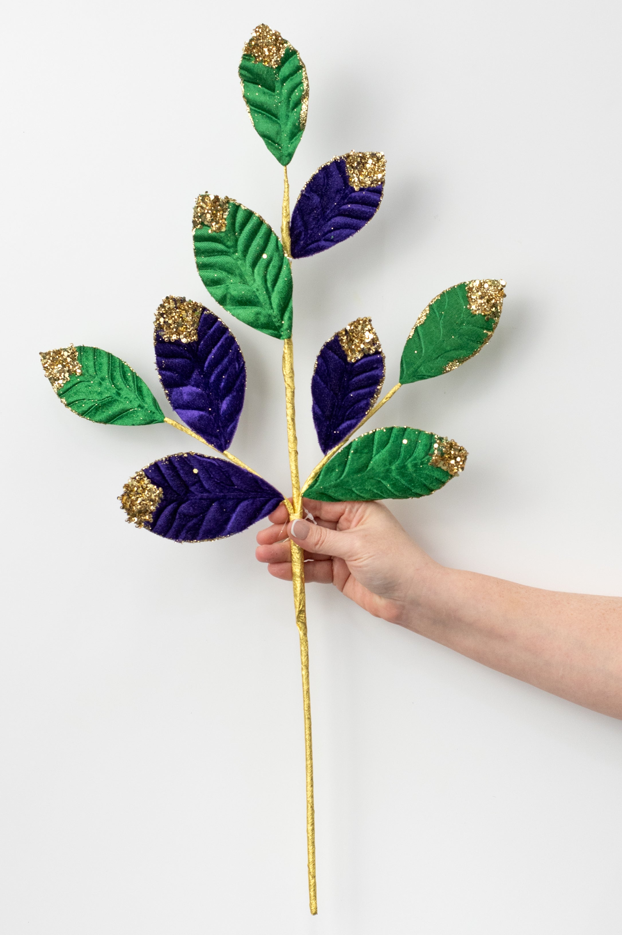 27" Glittered Velvet Leaf Spray: Mardi Gras